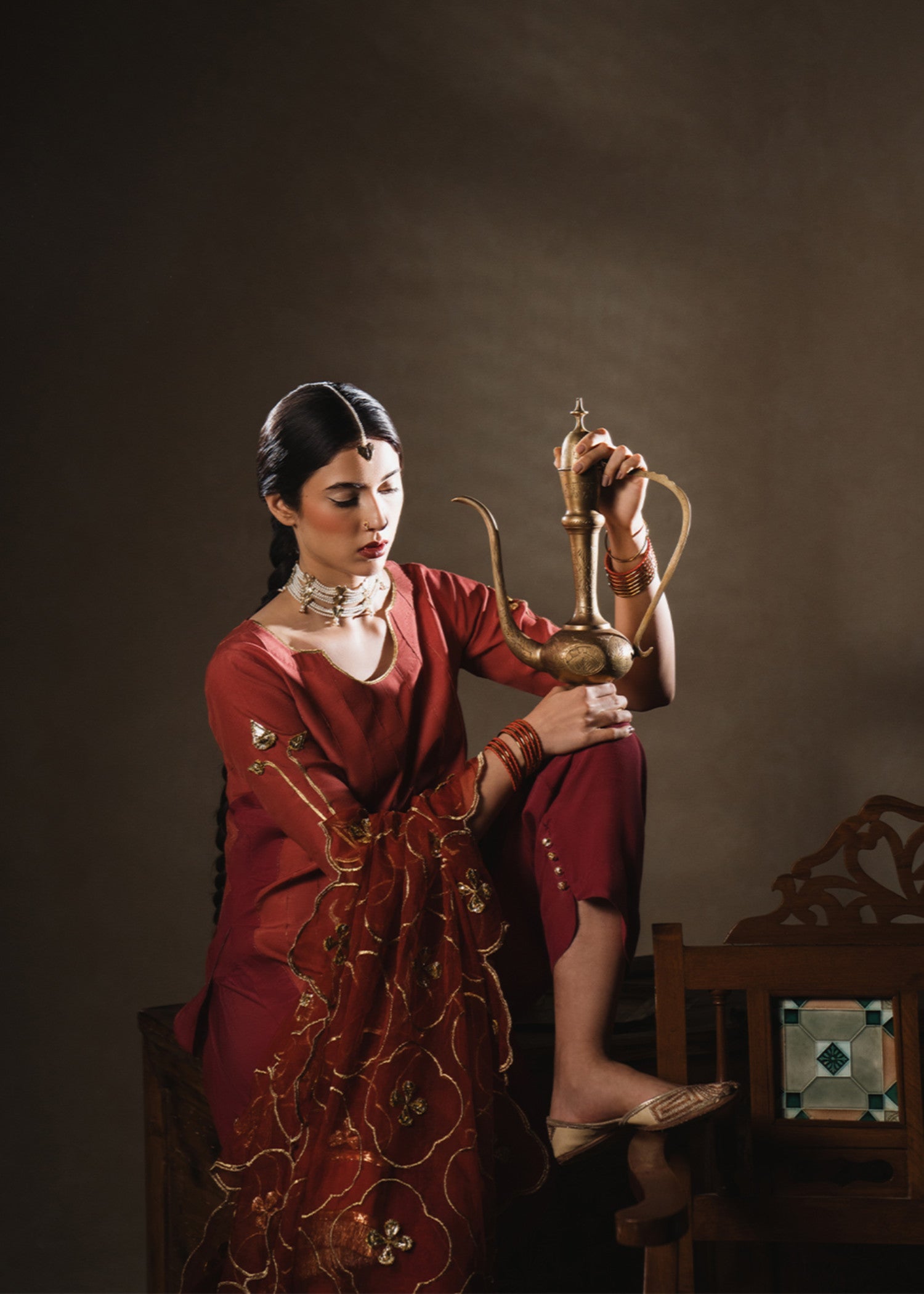 raw silk Kurta Set in Coral red