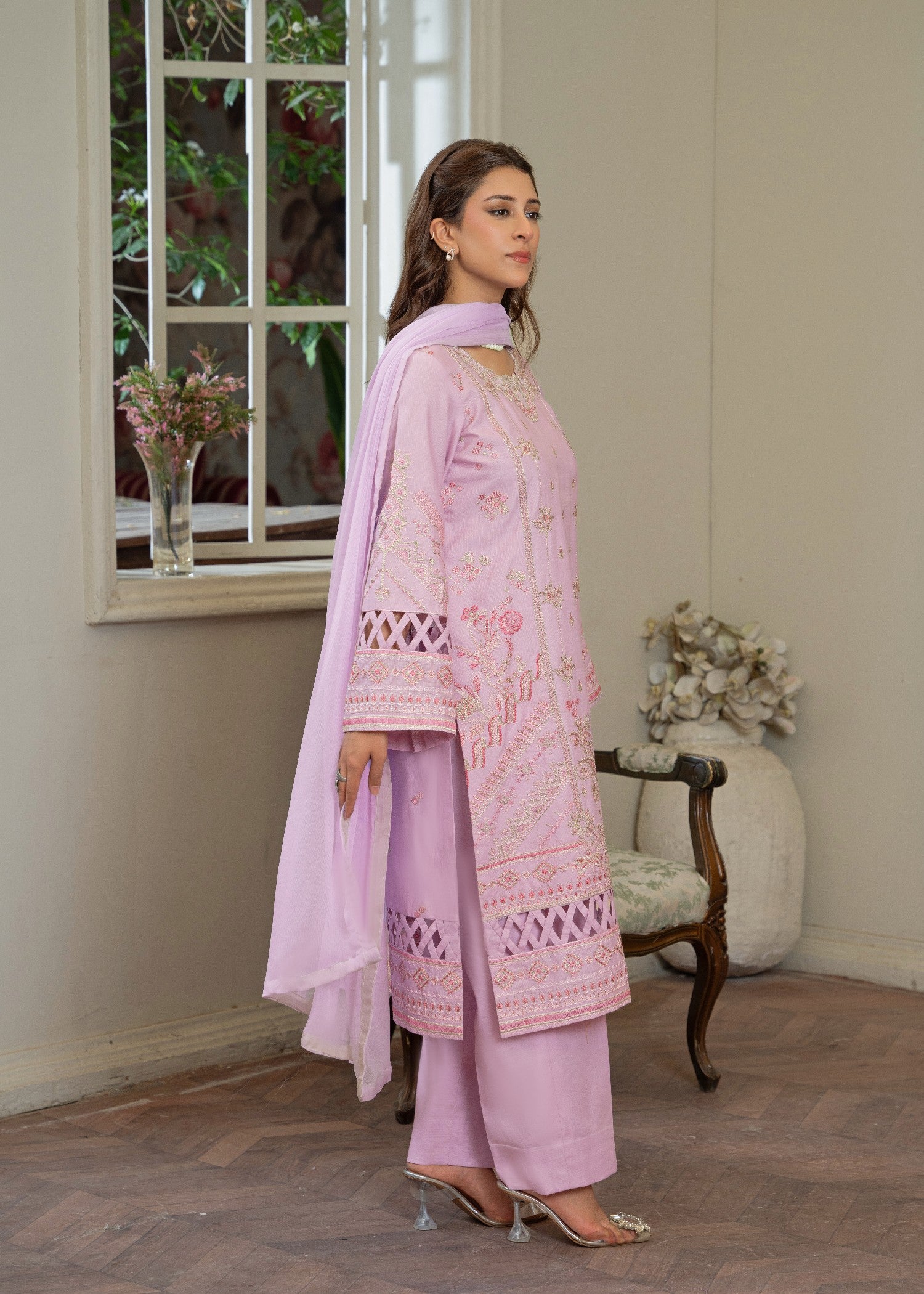 ribbed lawn Kurta Set in Cotton candy