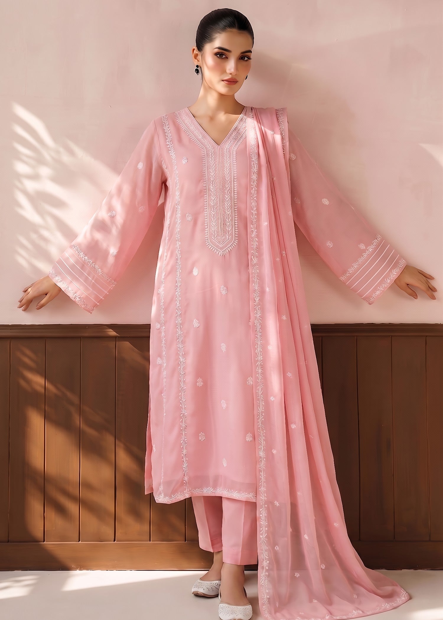bemberg crinkle chiffon Kurta Set in Light pink