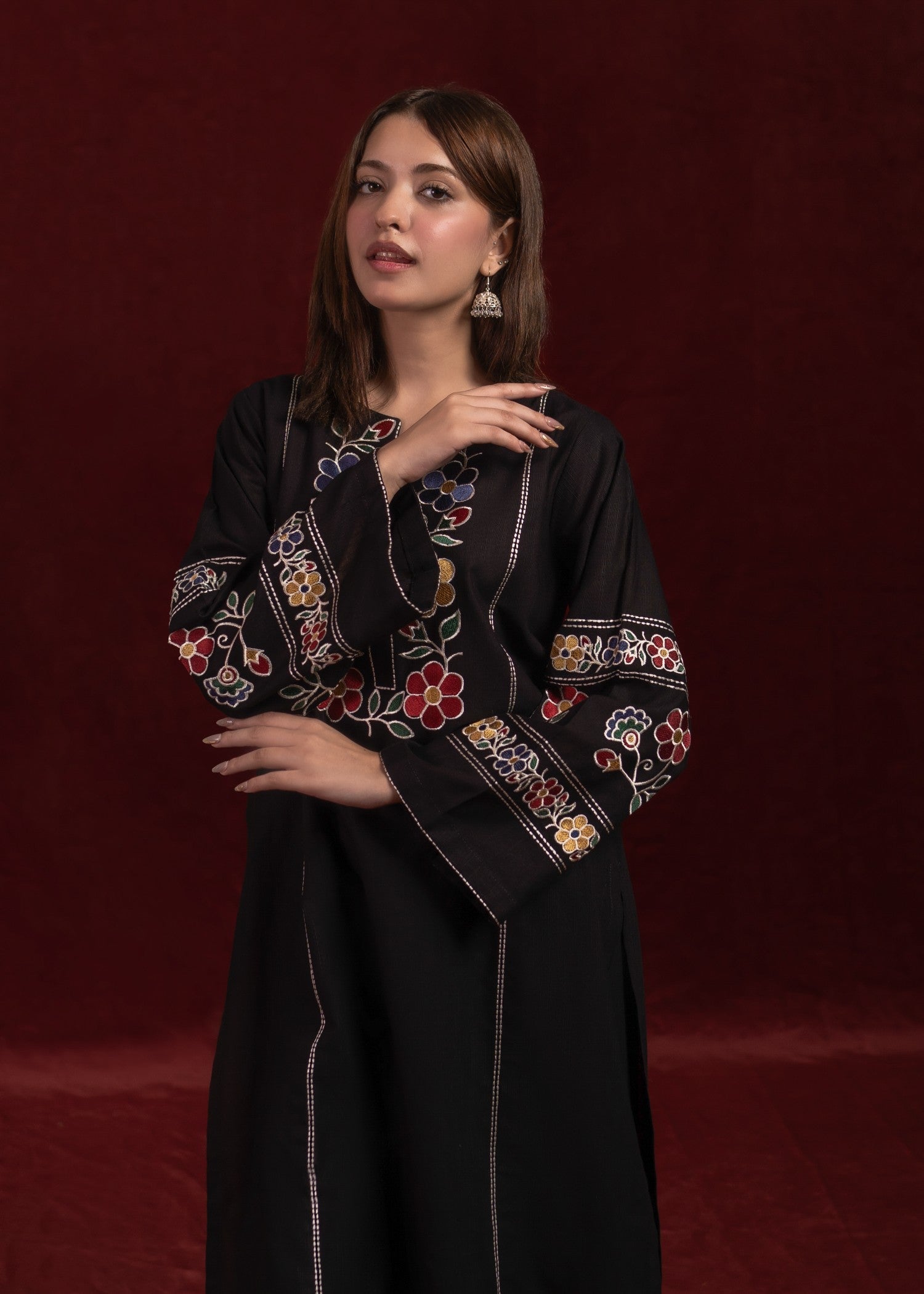 slub khaddar Kurta Set in Black