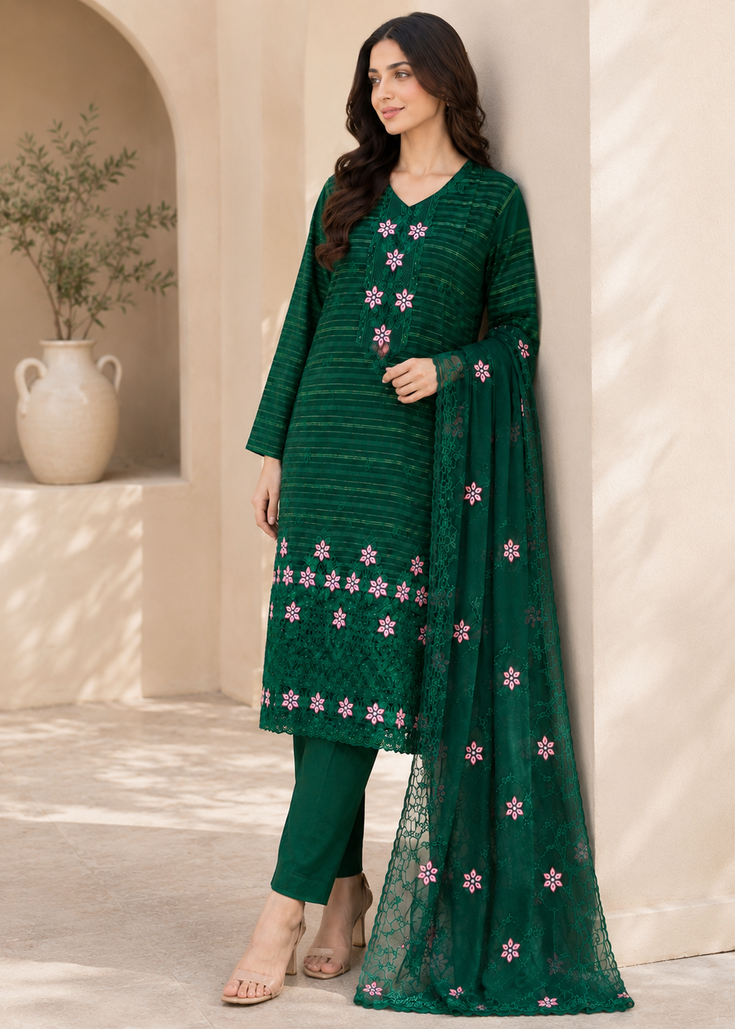 linen Kurta Set in Forest green