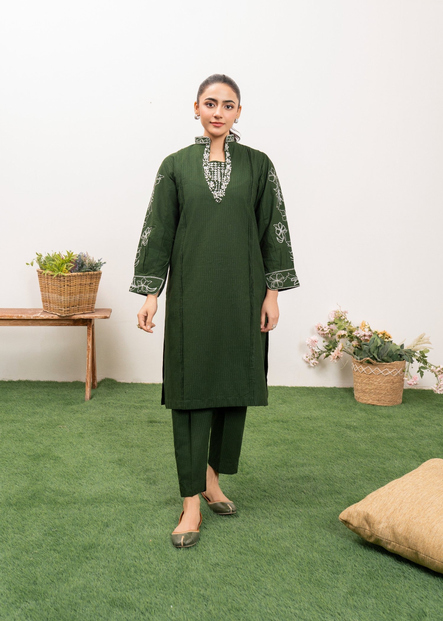cambric Kurta Set in Dark green