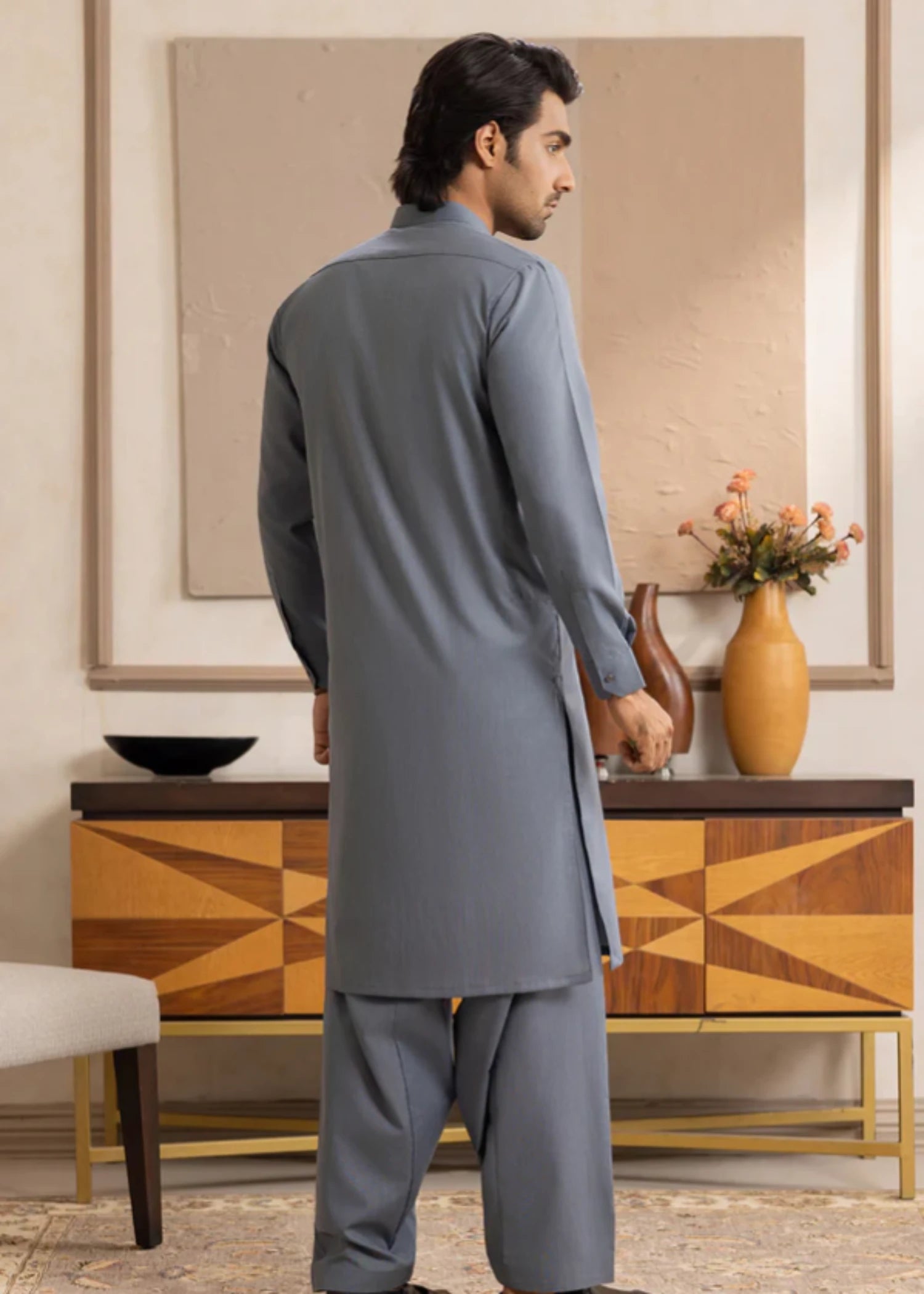 blended satin Shalwar Kameez in Cool grey