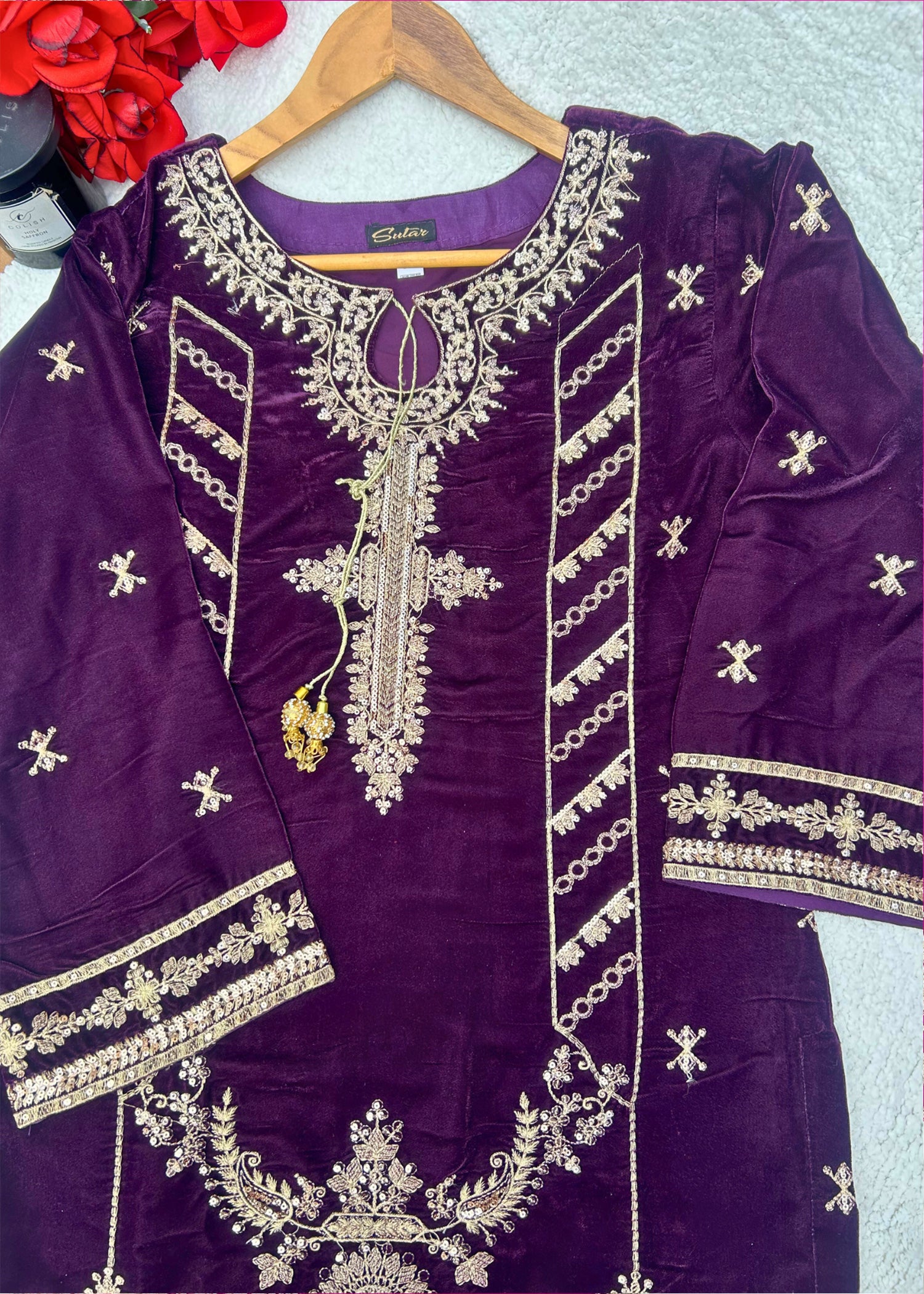chinese micro velvet 9000 Kurta Set in Deep purple