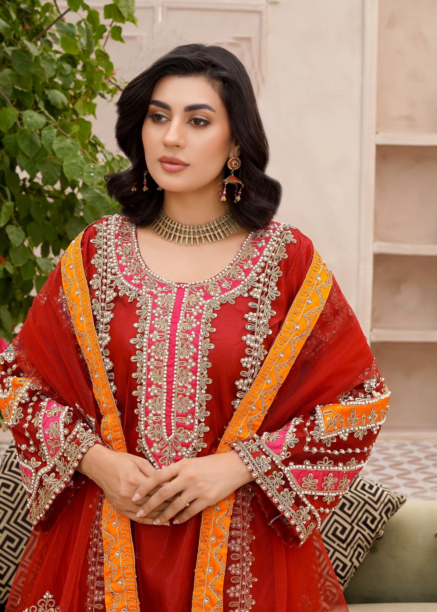 net Kurta Set in Ruby red