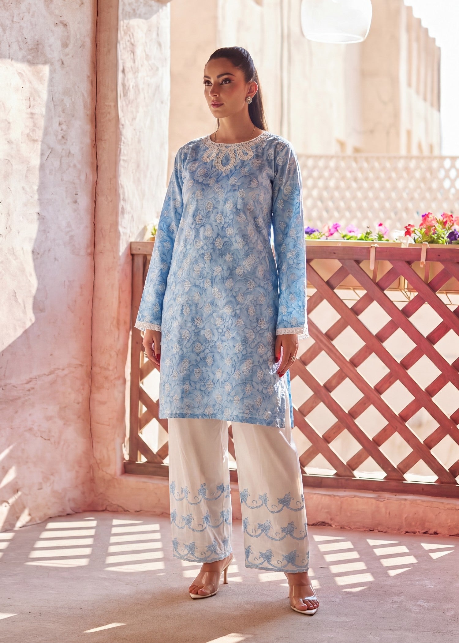 self jacquard Kurta Set in Sky blue