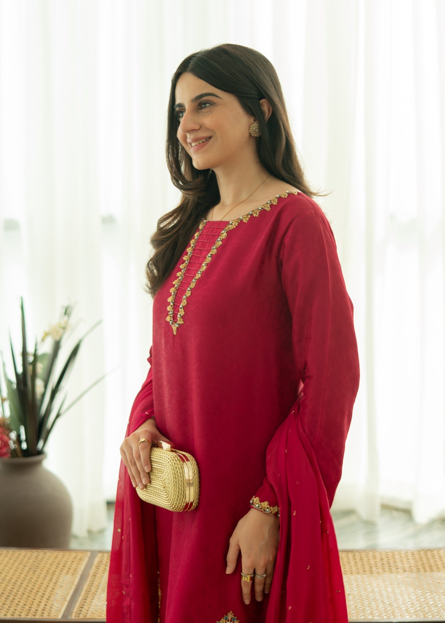 silk Kurta Set in Raspberry pink