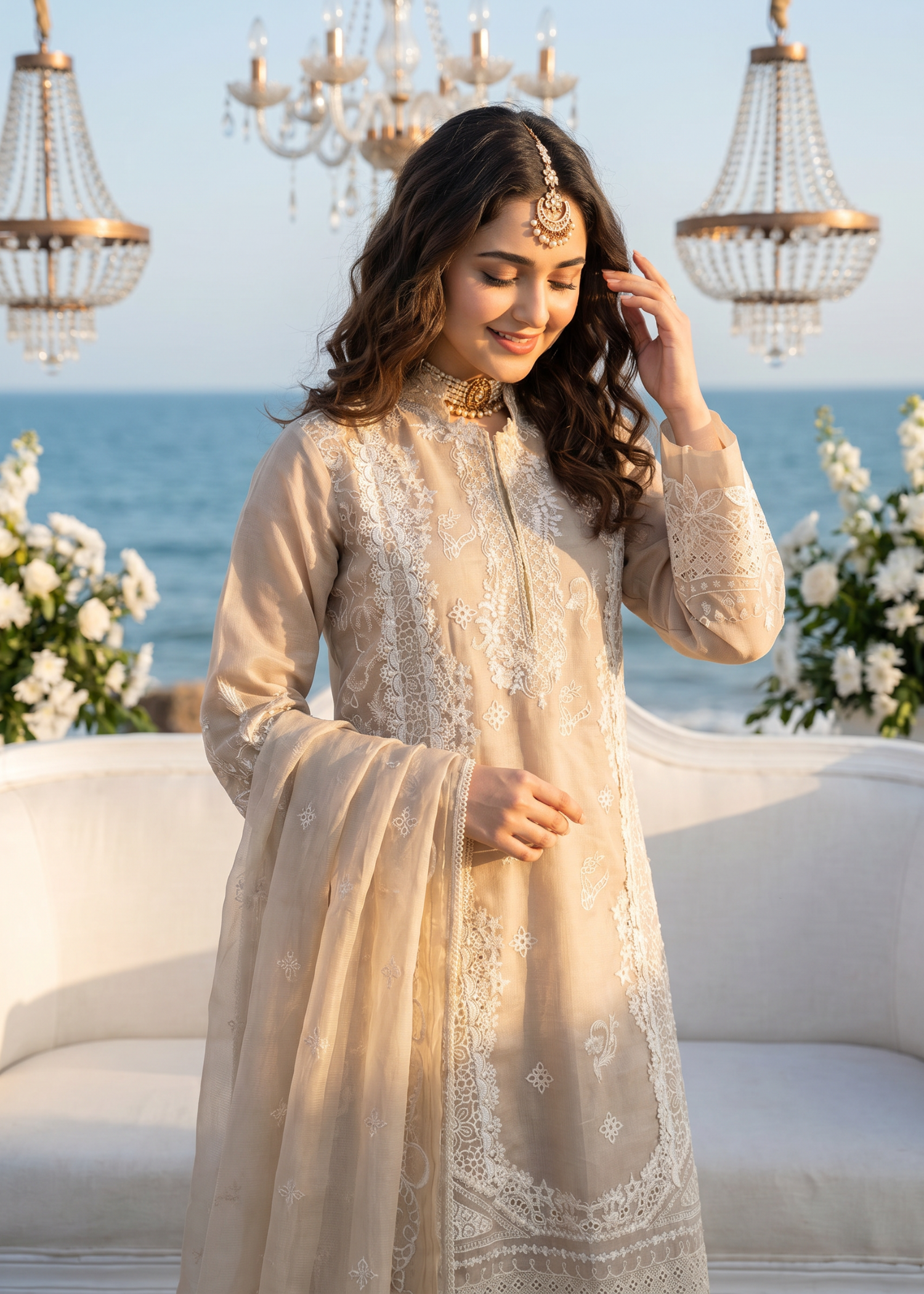 net Kurta Set in Champagne