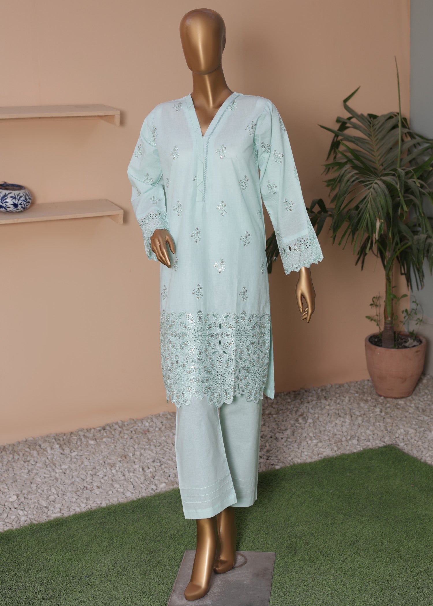 cambric Kurta Set in Baby blue