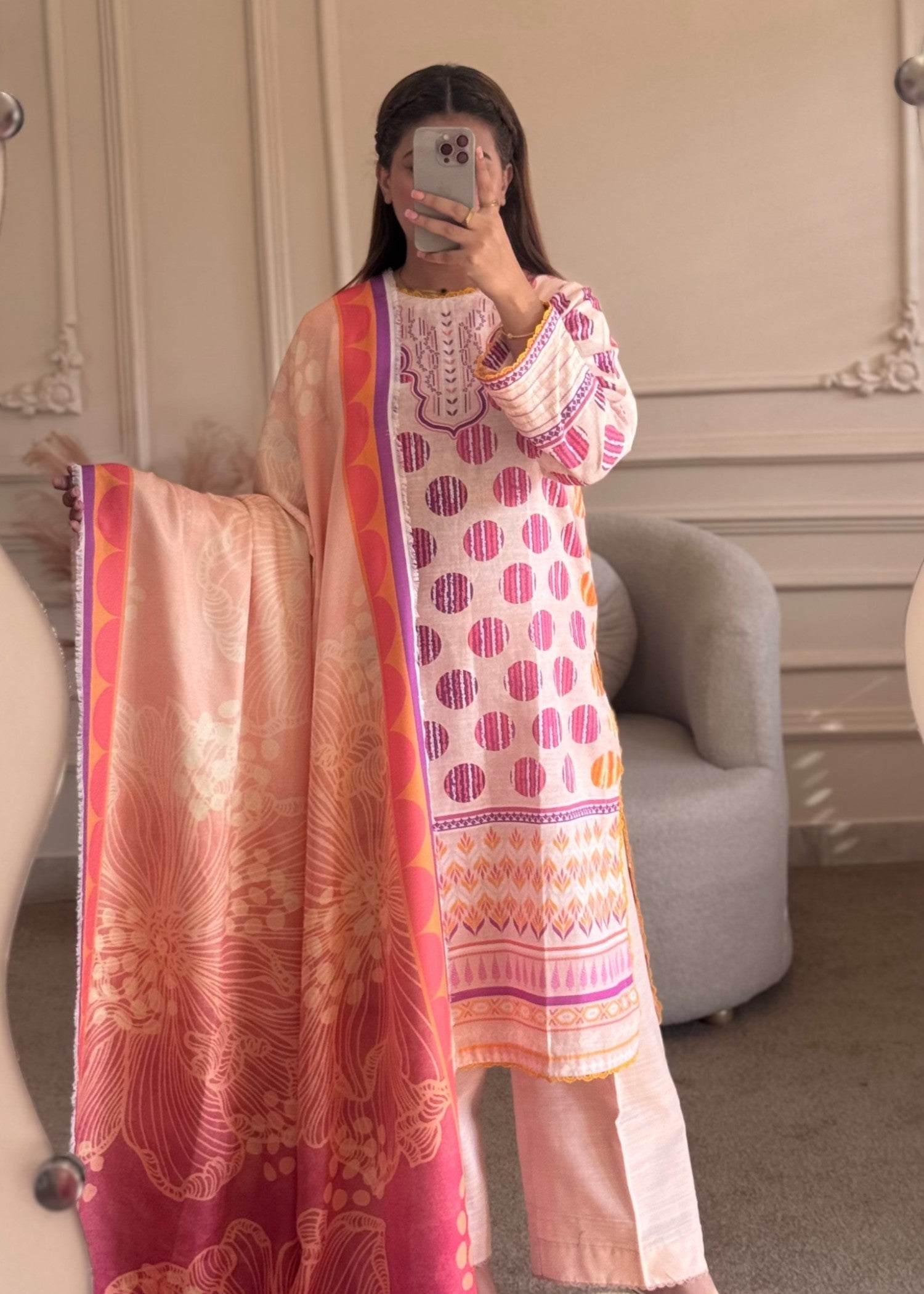 khaddar Kurta Set in Light salmon