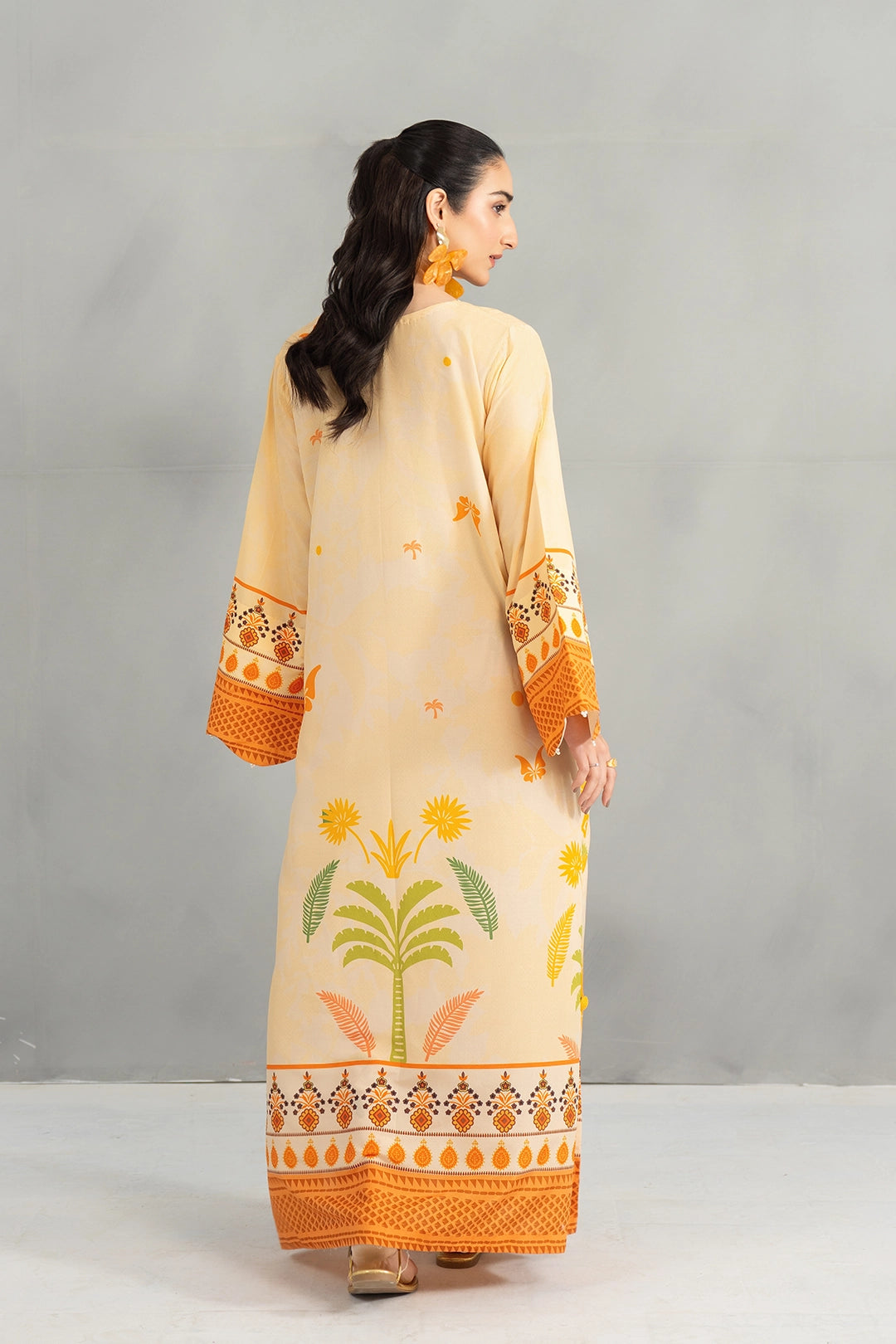 silk finish lawn Kaftan in Mustard