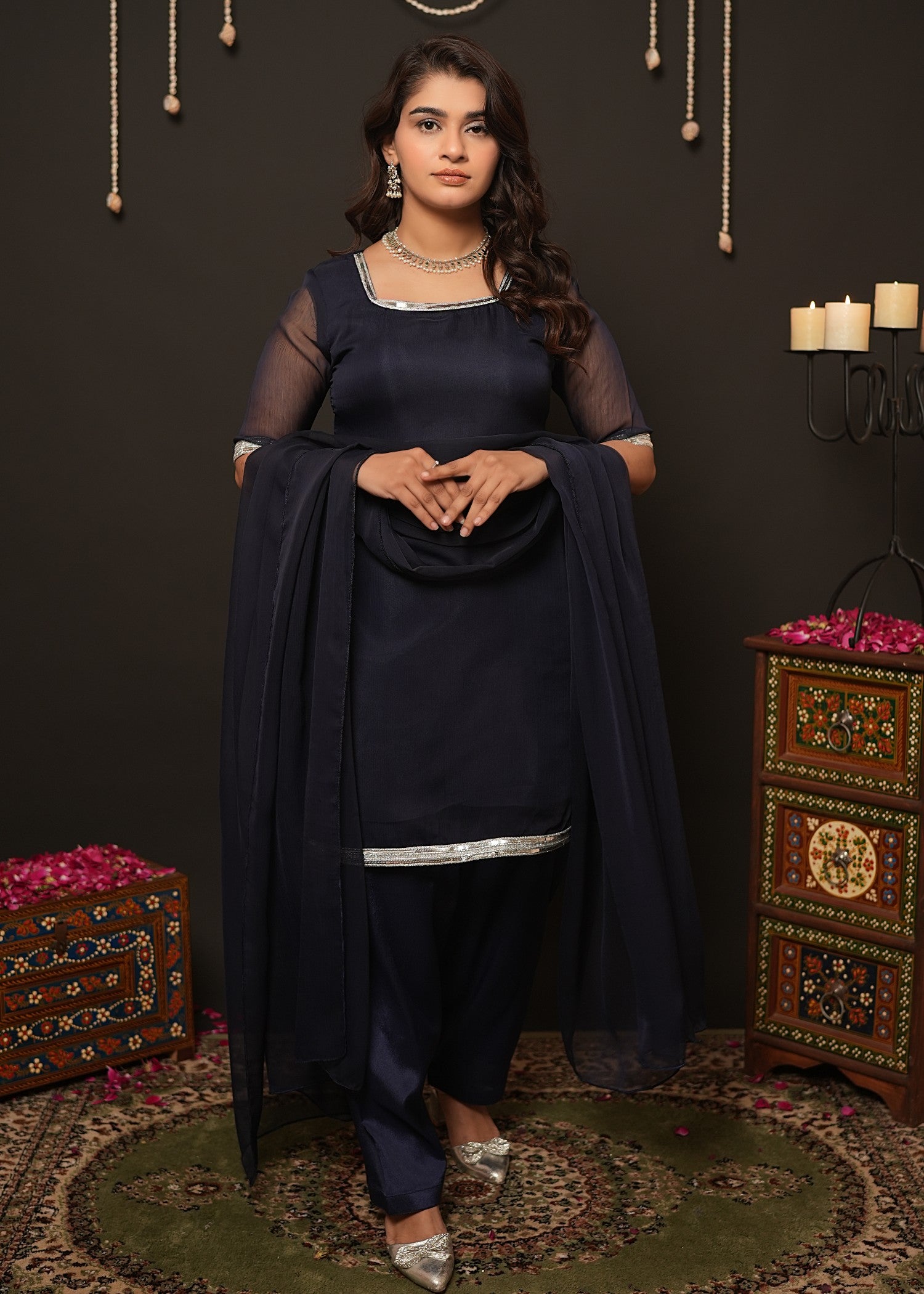 bemberg crinkle chiffon Kurta Set in Navy blue
