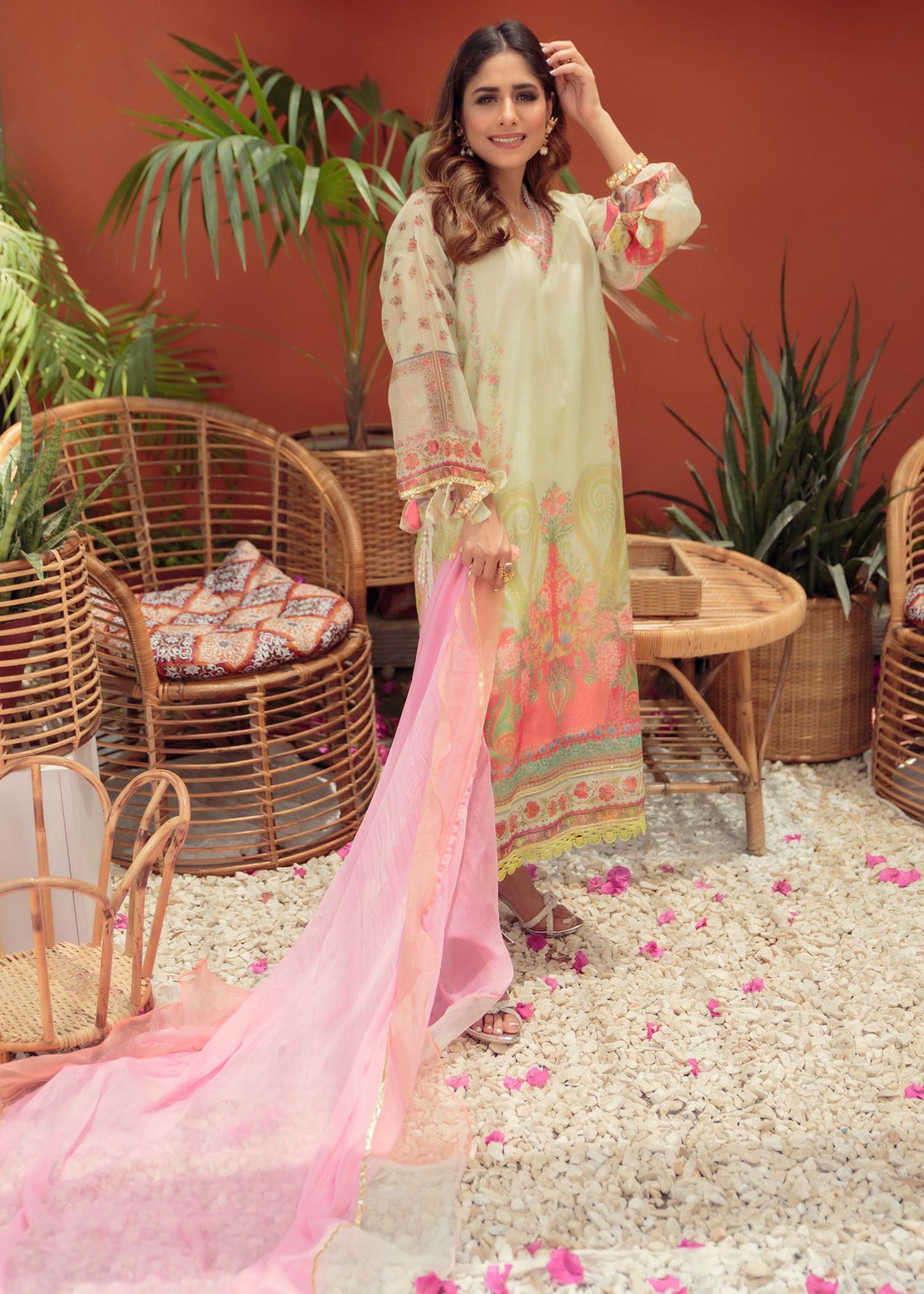 khaddi net Kurta Set in Lemon