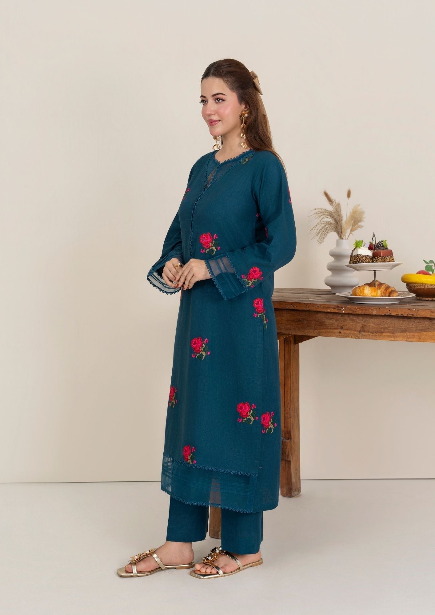khaddar Kurta Set in Teal