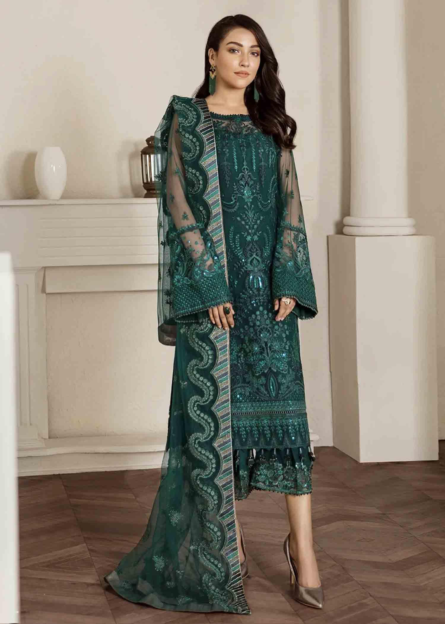 net Kurta Set in Bottle green
