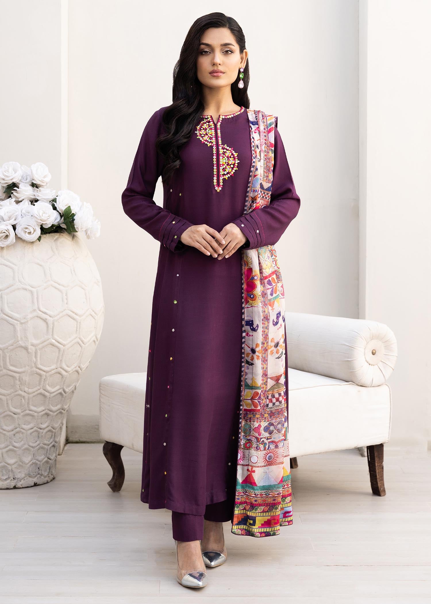 linen Pishwas in Purple