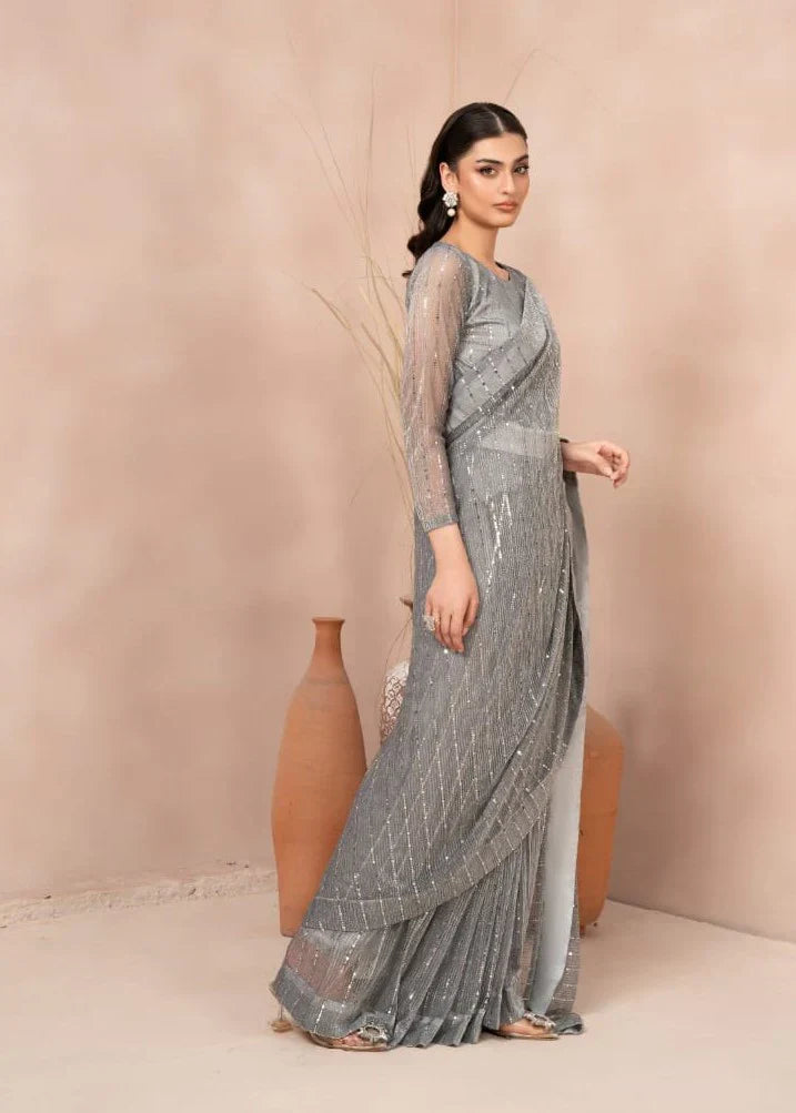 net Saree in Silver