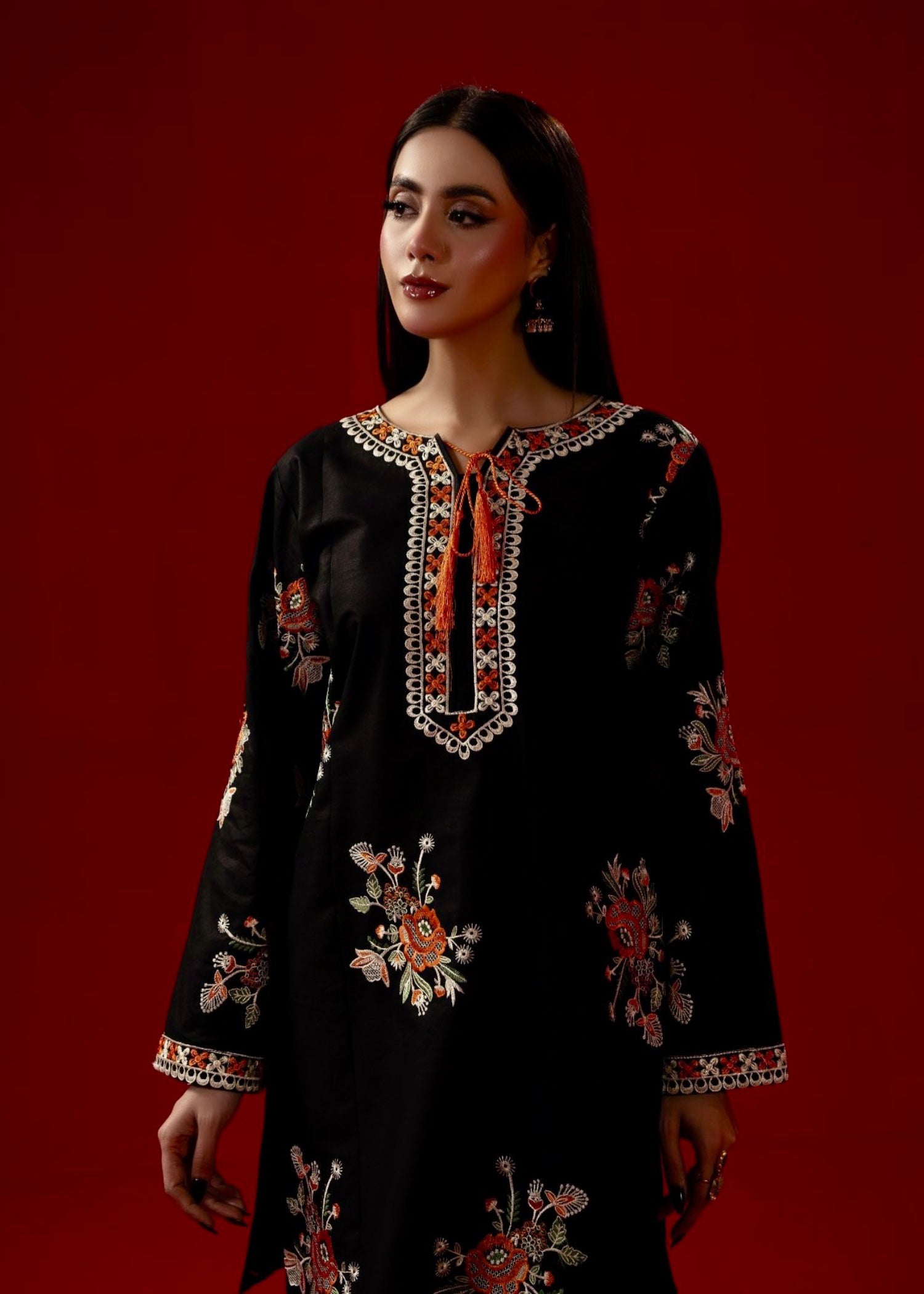 cambric Kurta Set in Black, pumpkin orange