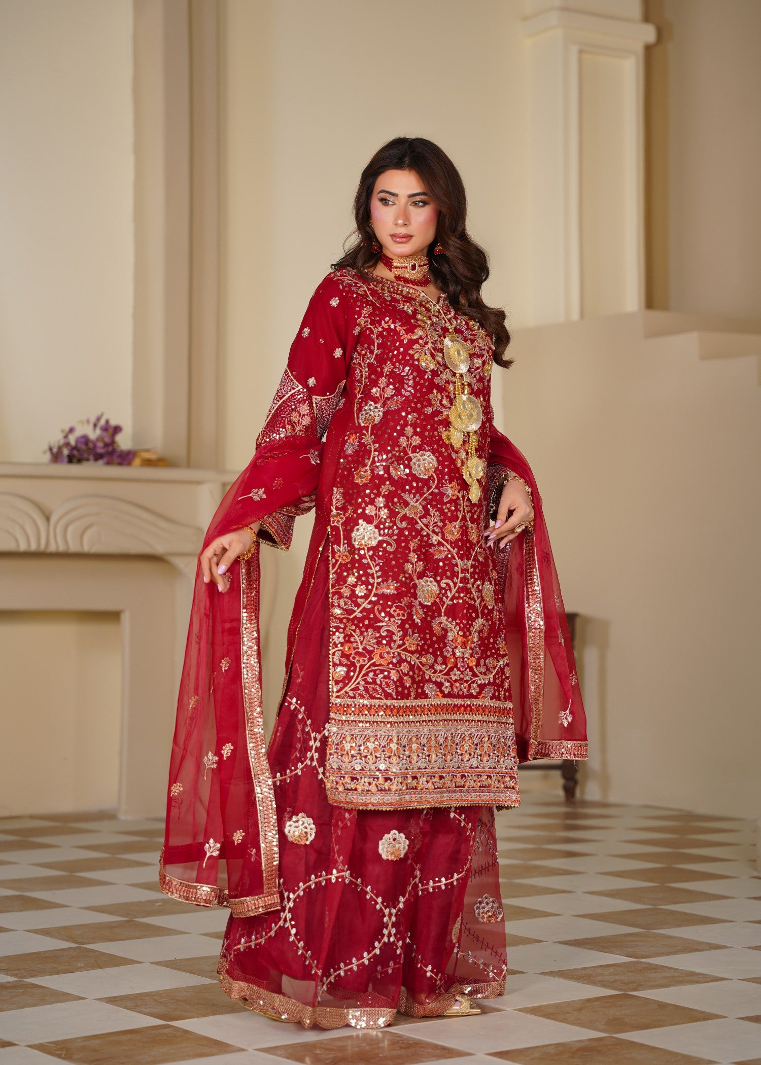chiffon Sharara in Gold, rose red