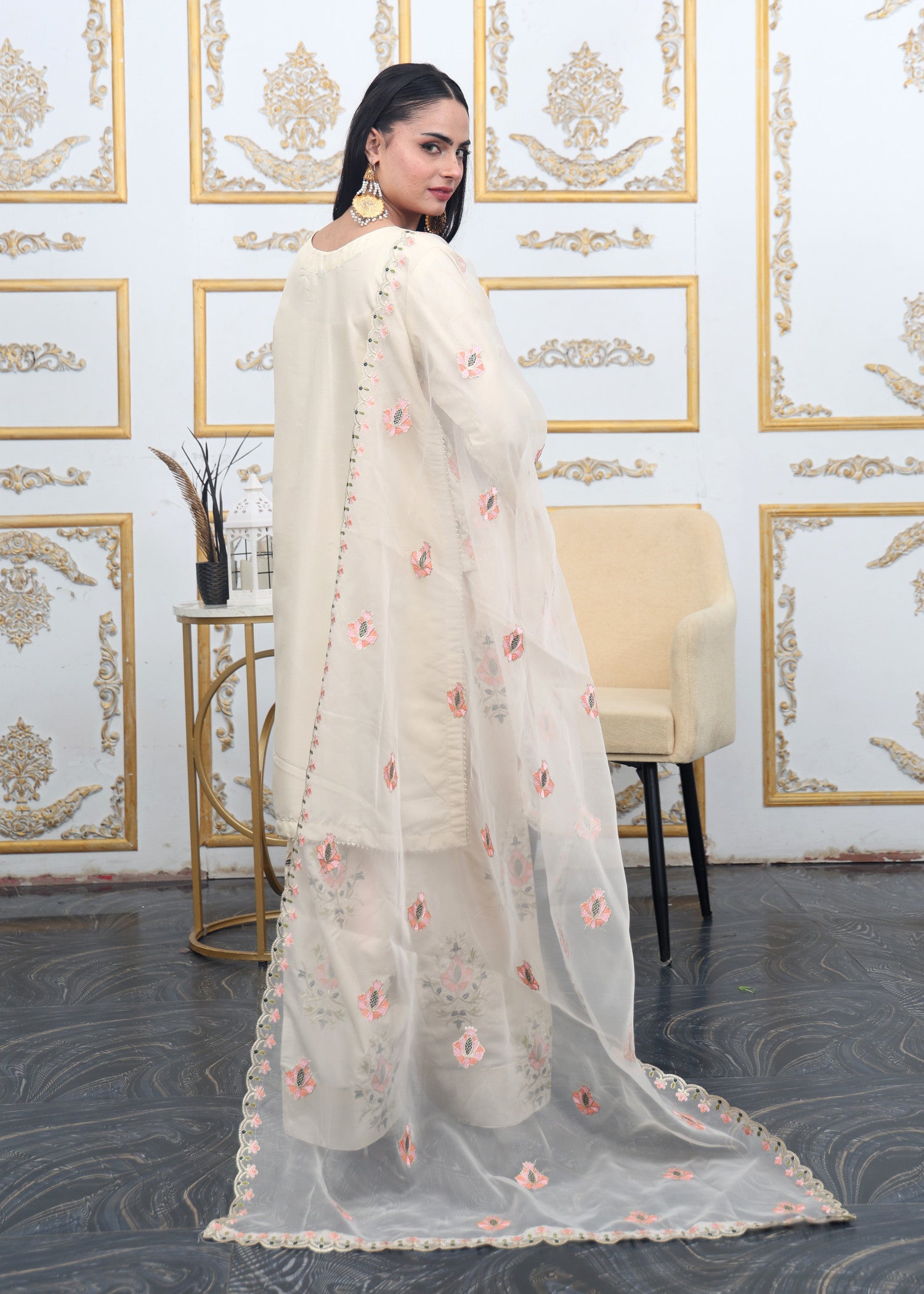 polyester-silk blend Kurta Set in Ivory
