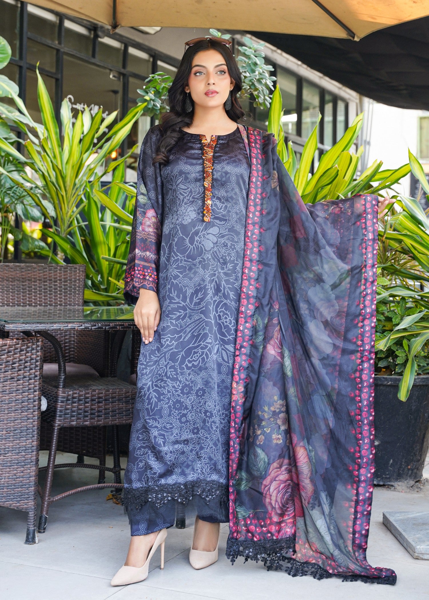 silk Kurta Set in Dark grey