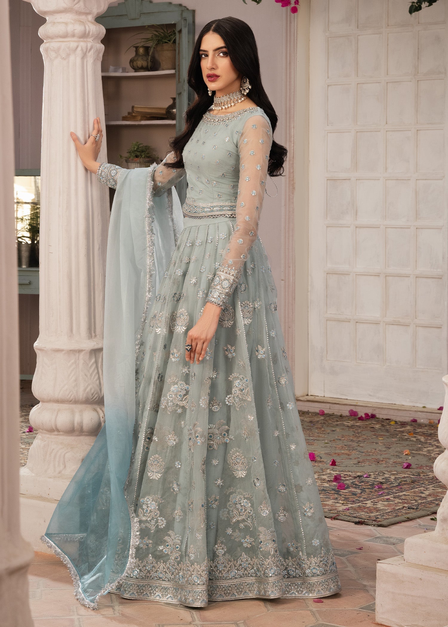 organza Lehenga in Ice blue