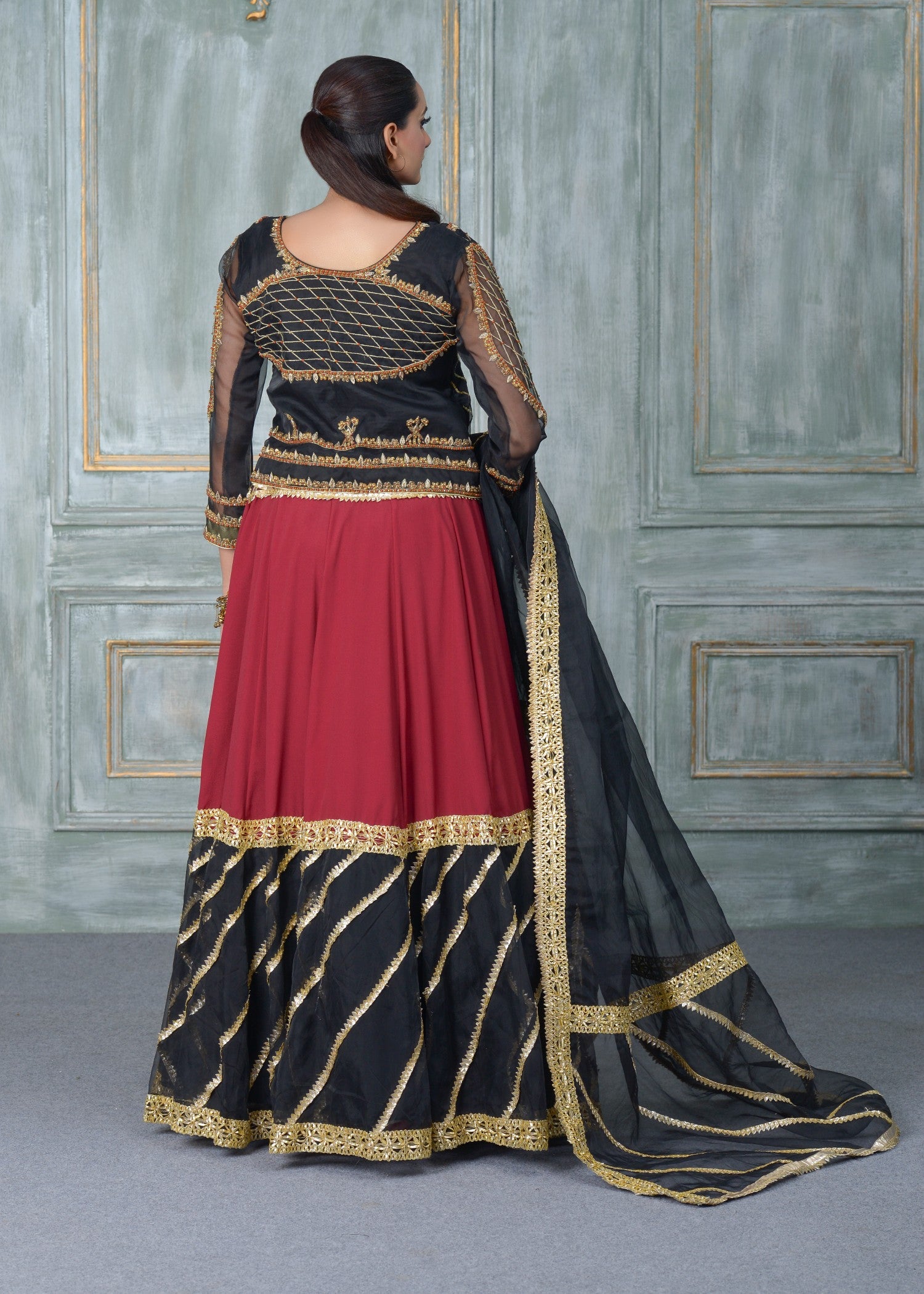 organza Lehenga in Black, maroon