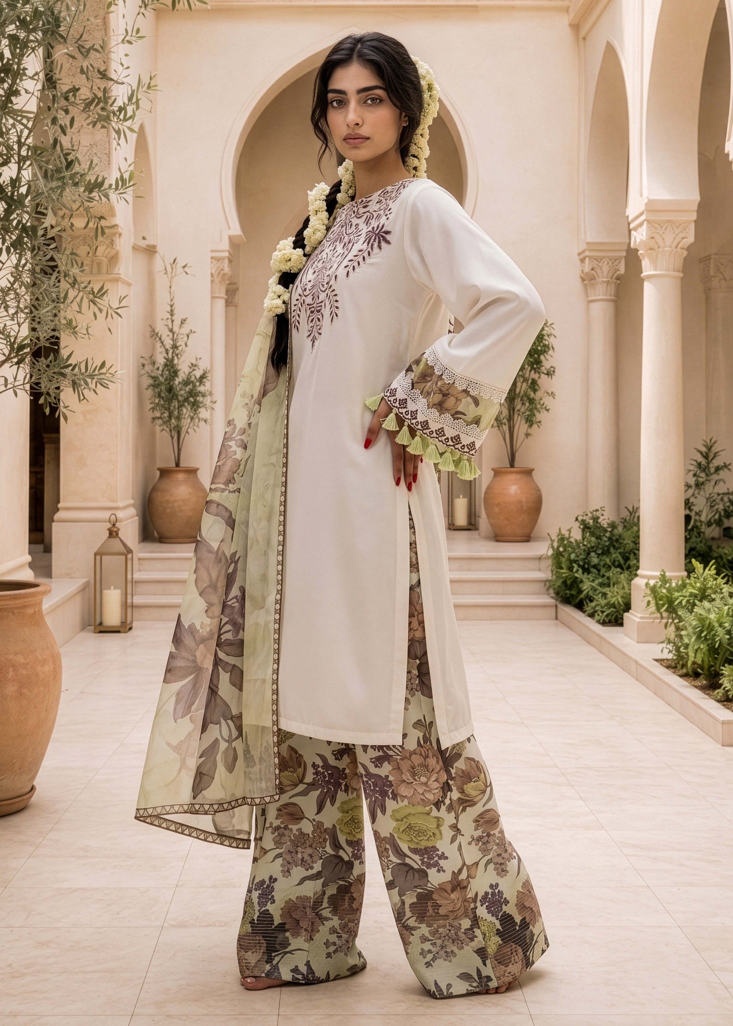 lawn cotton Kurta Set in Off-white