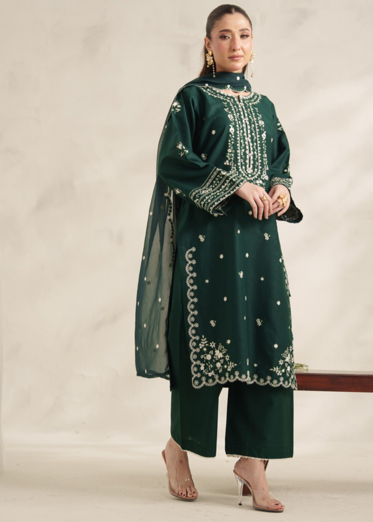 lawn Kurta Set in Bottle green
