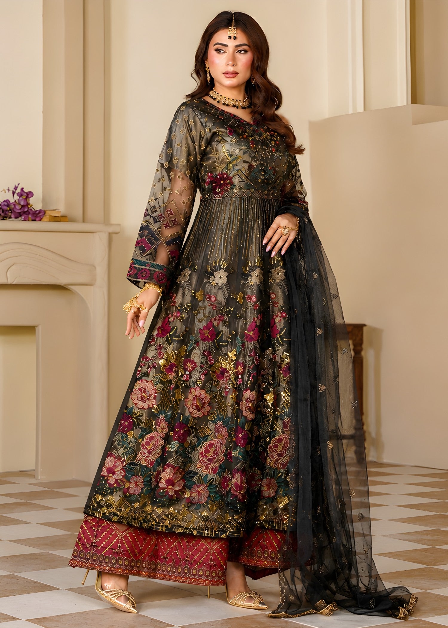 zari organza Maxi in Black, blood red, gold