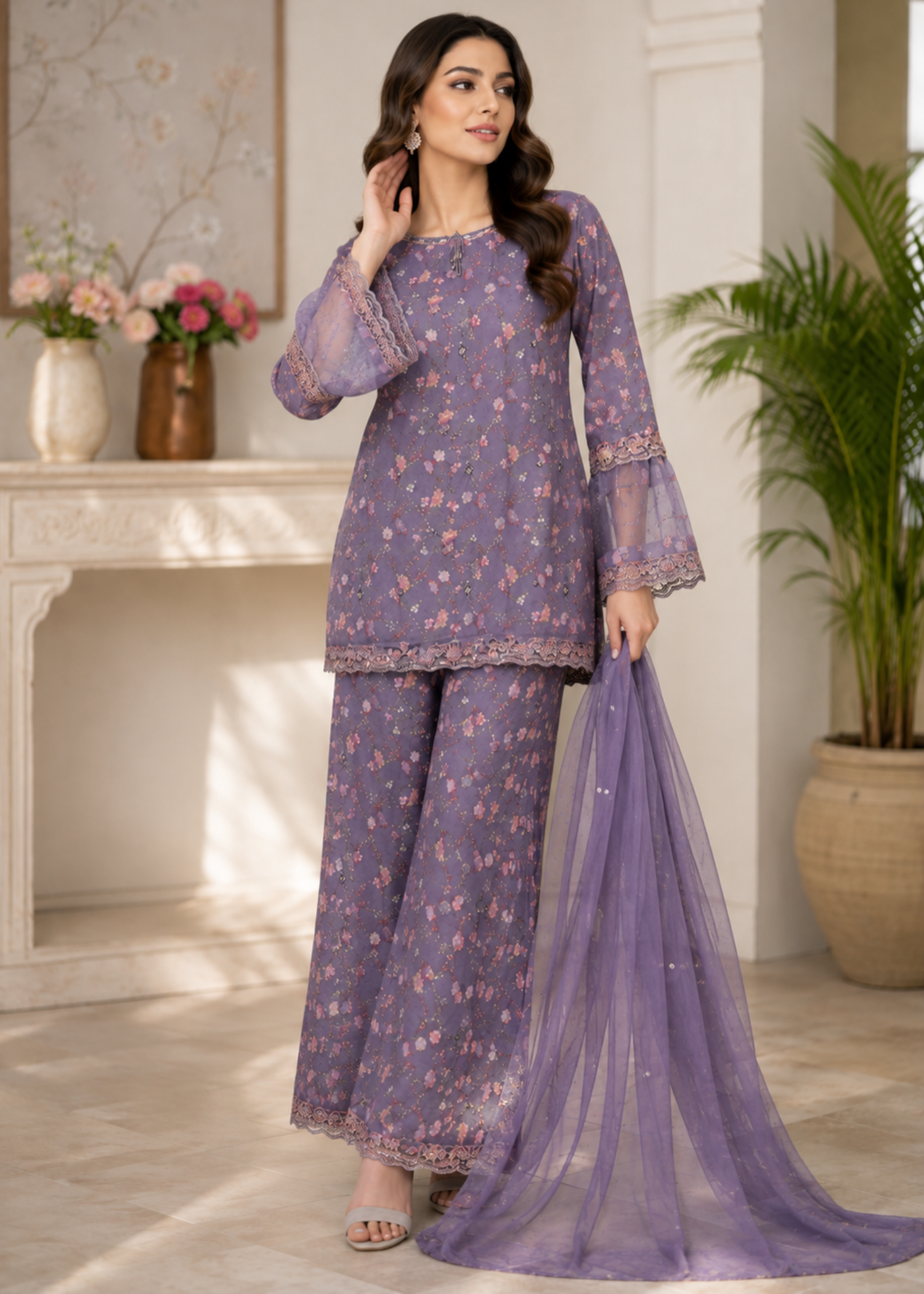 crepe Kurta Set in Purple mountain majesty