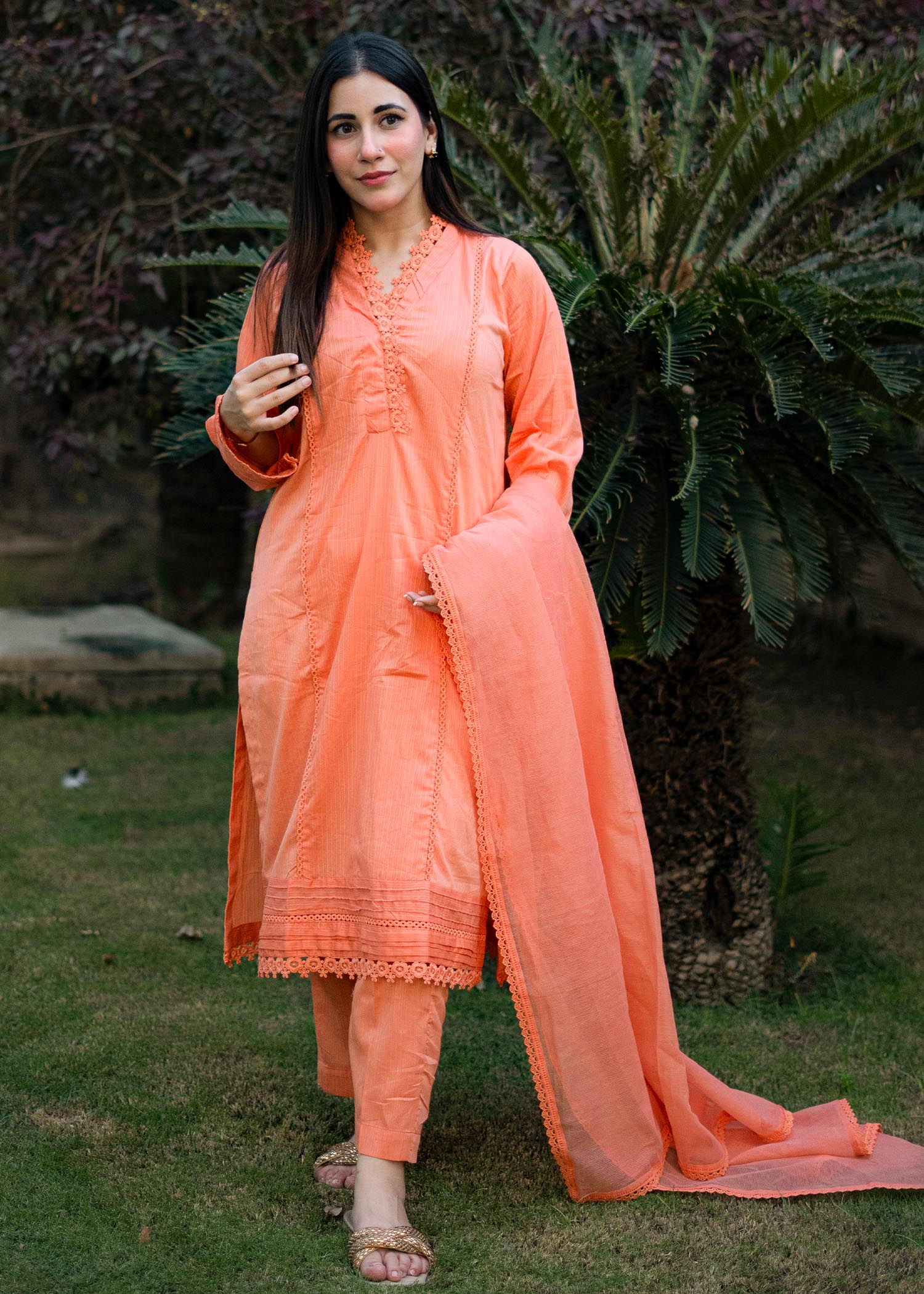 slub cambric Kurta Set in Coral orange