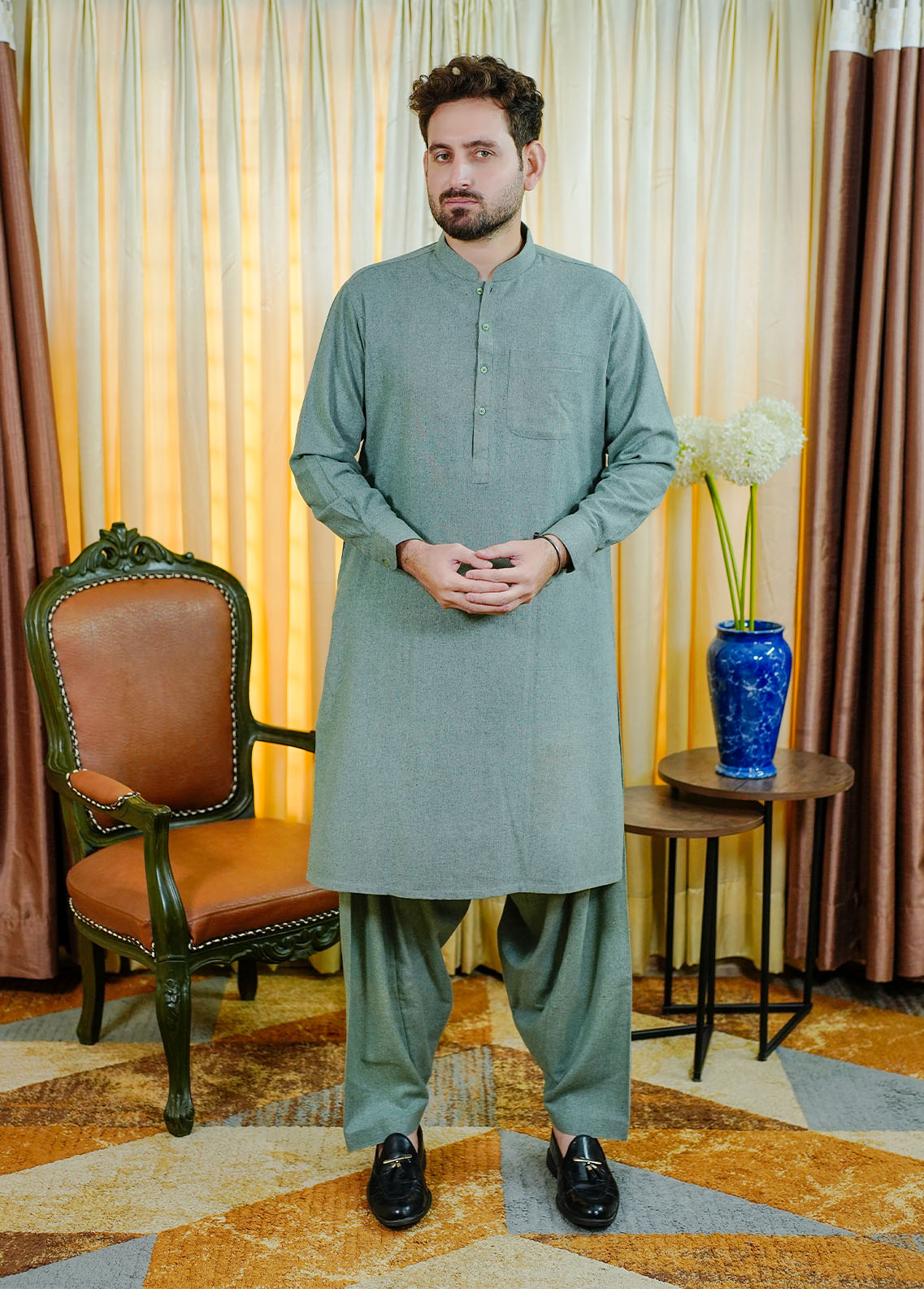 blended wool Shalwar Kameez in Green