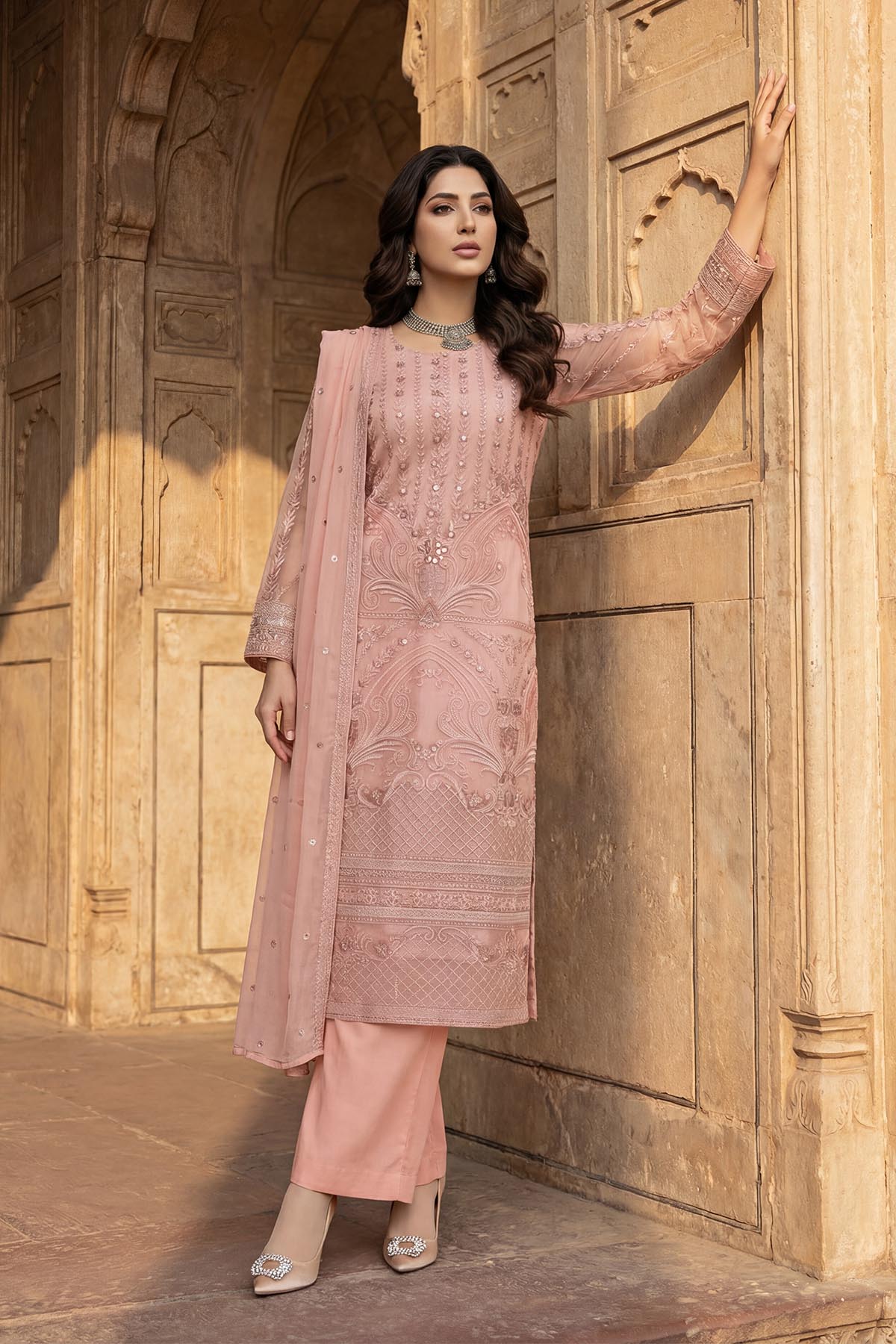 silk cotton net Kurta Set in Baby pink