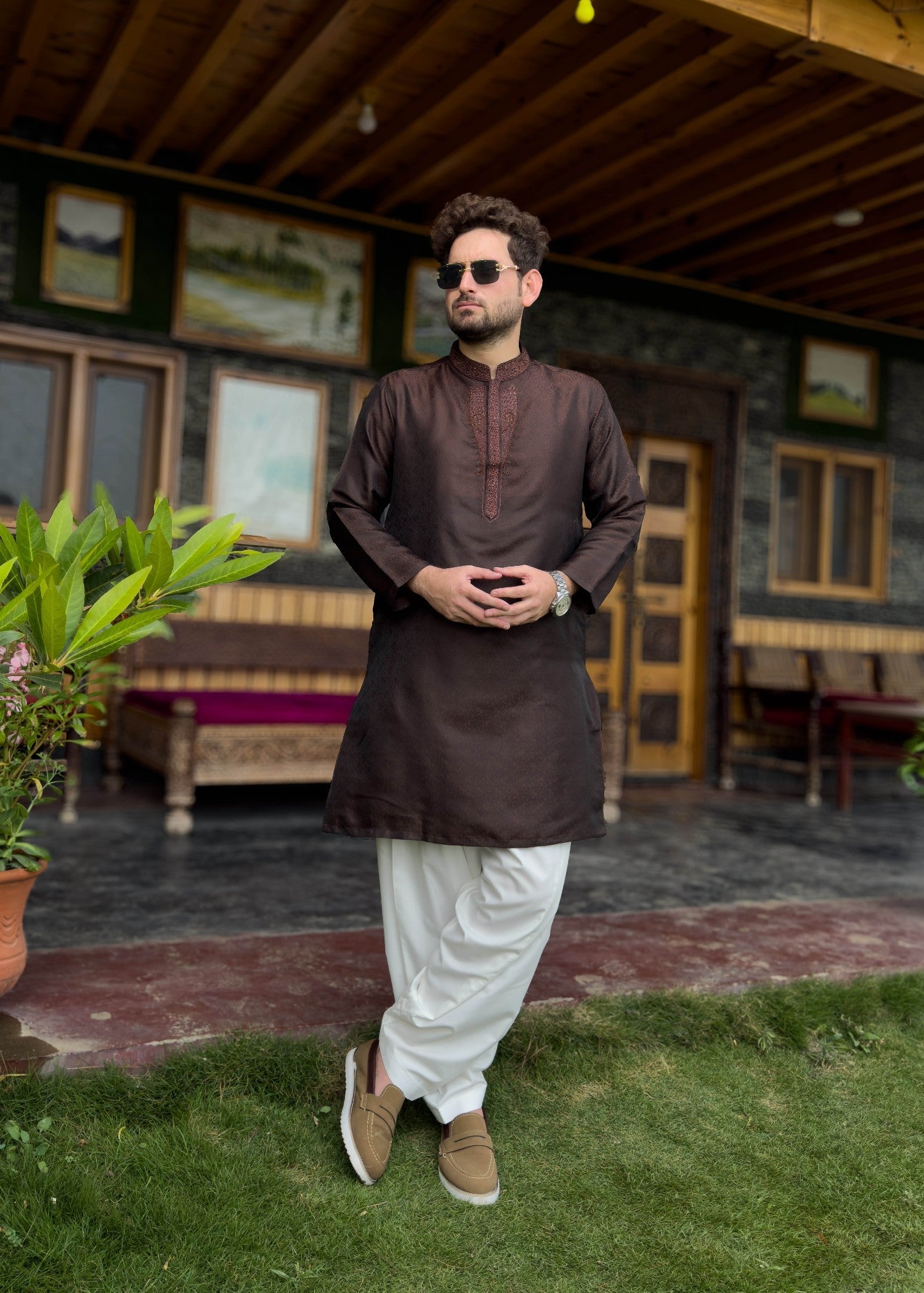 traditional jamawar Kurta in Cinnamon brown