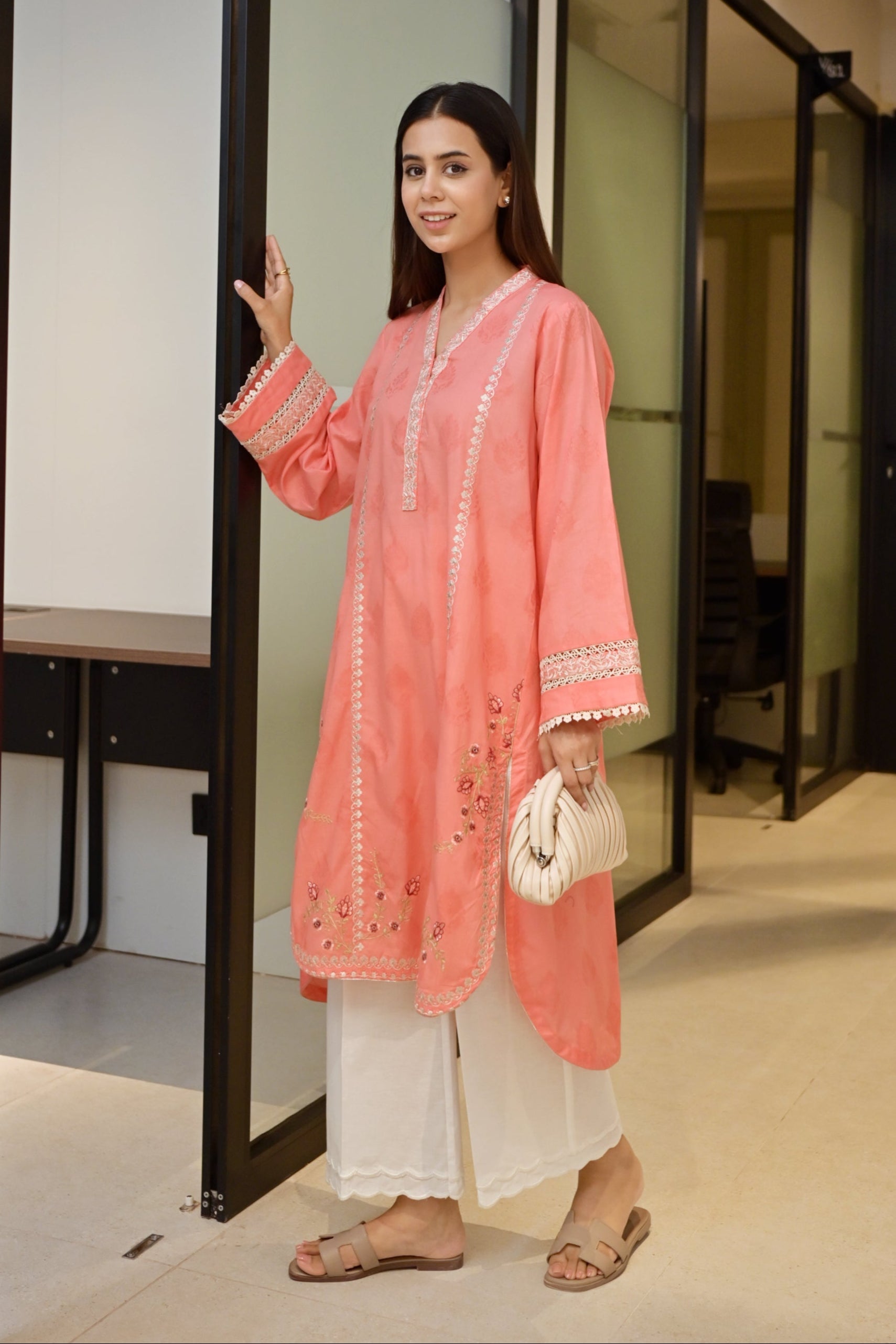 jacquard Kurti in Peach pink