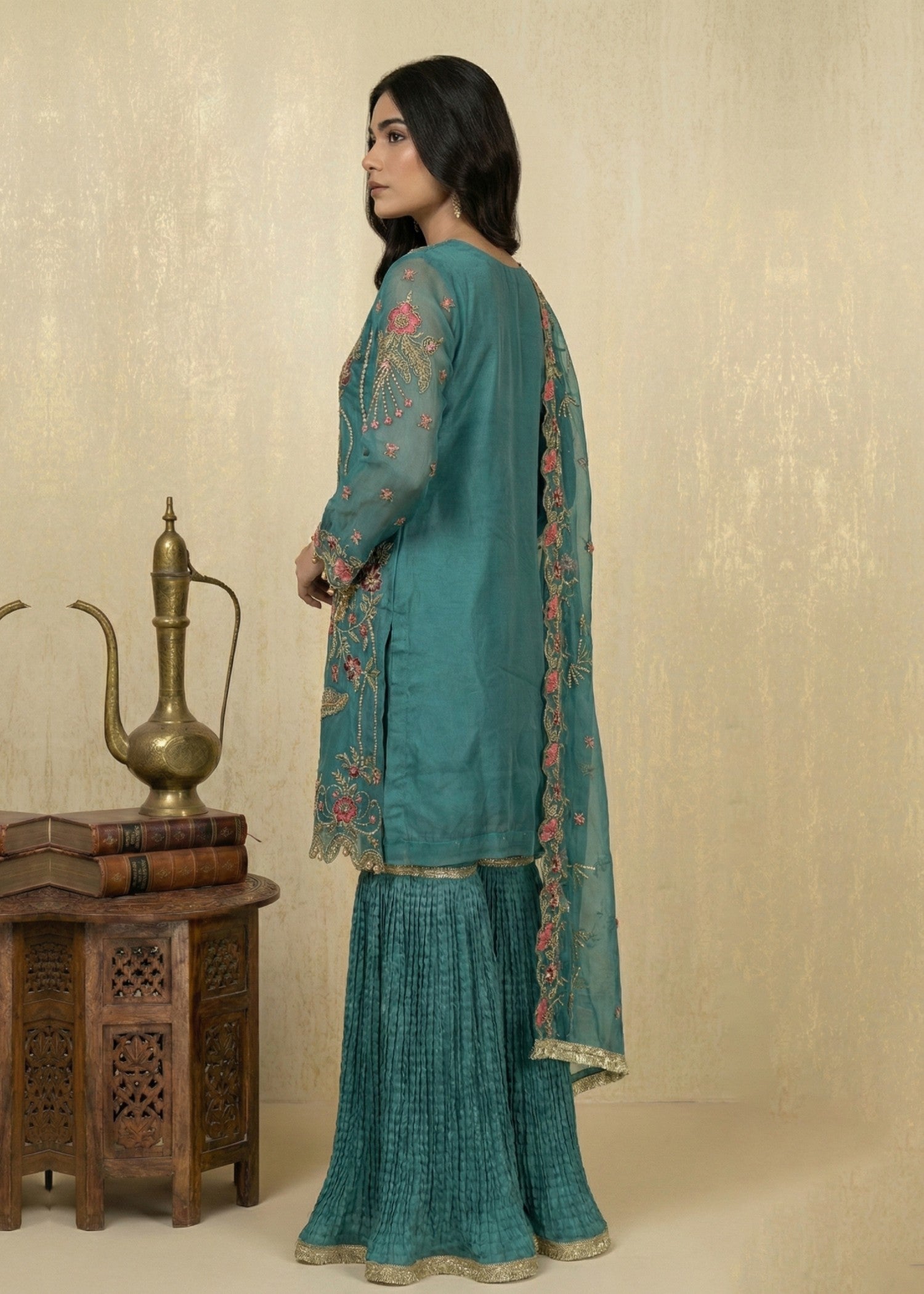 organza Gharara in Sea green