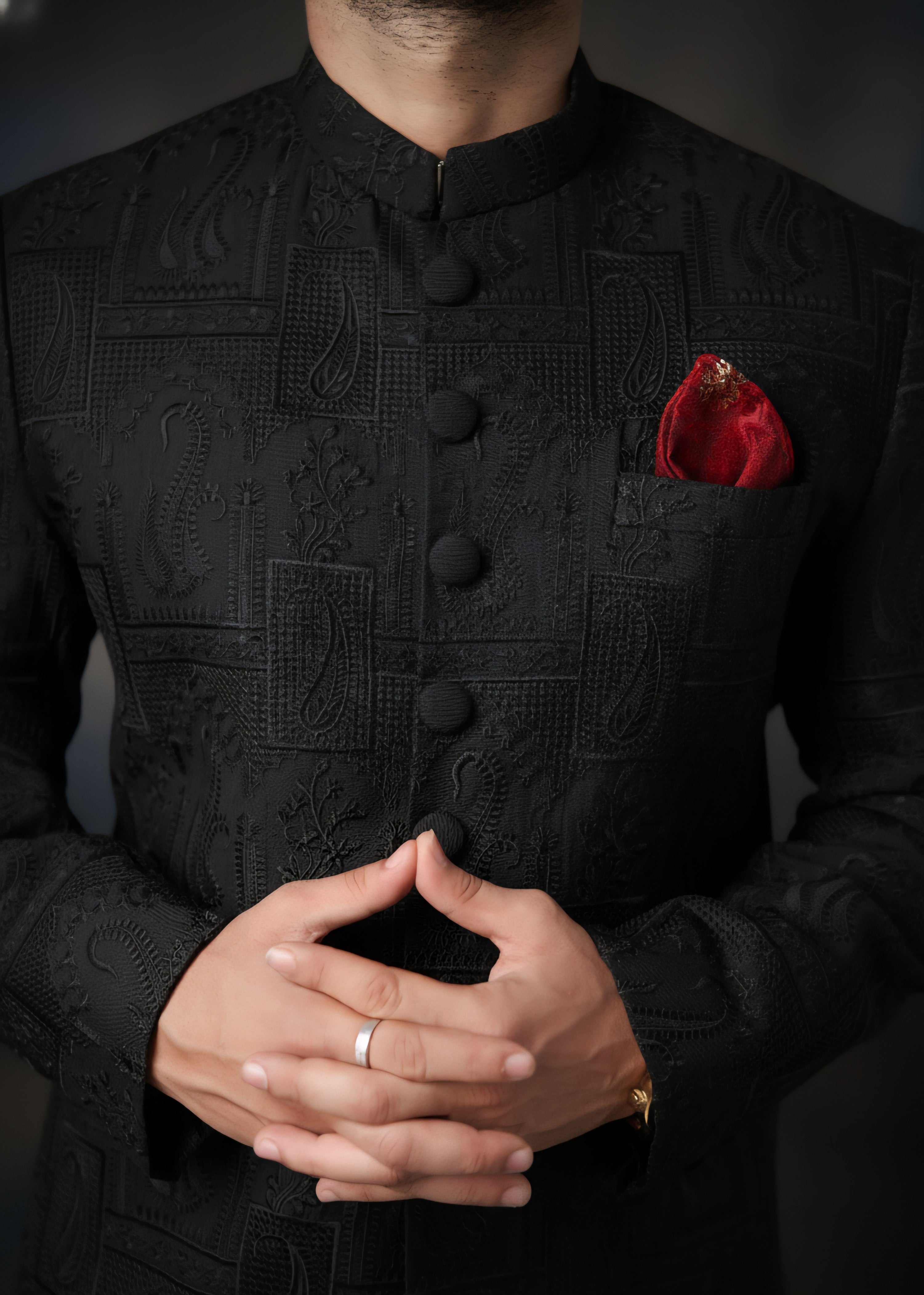 viscose raw silk Sherwani in Black