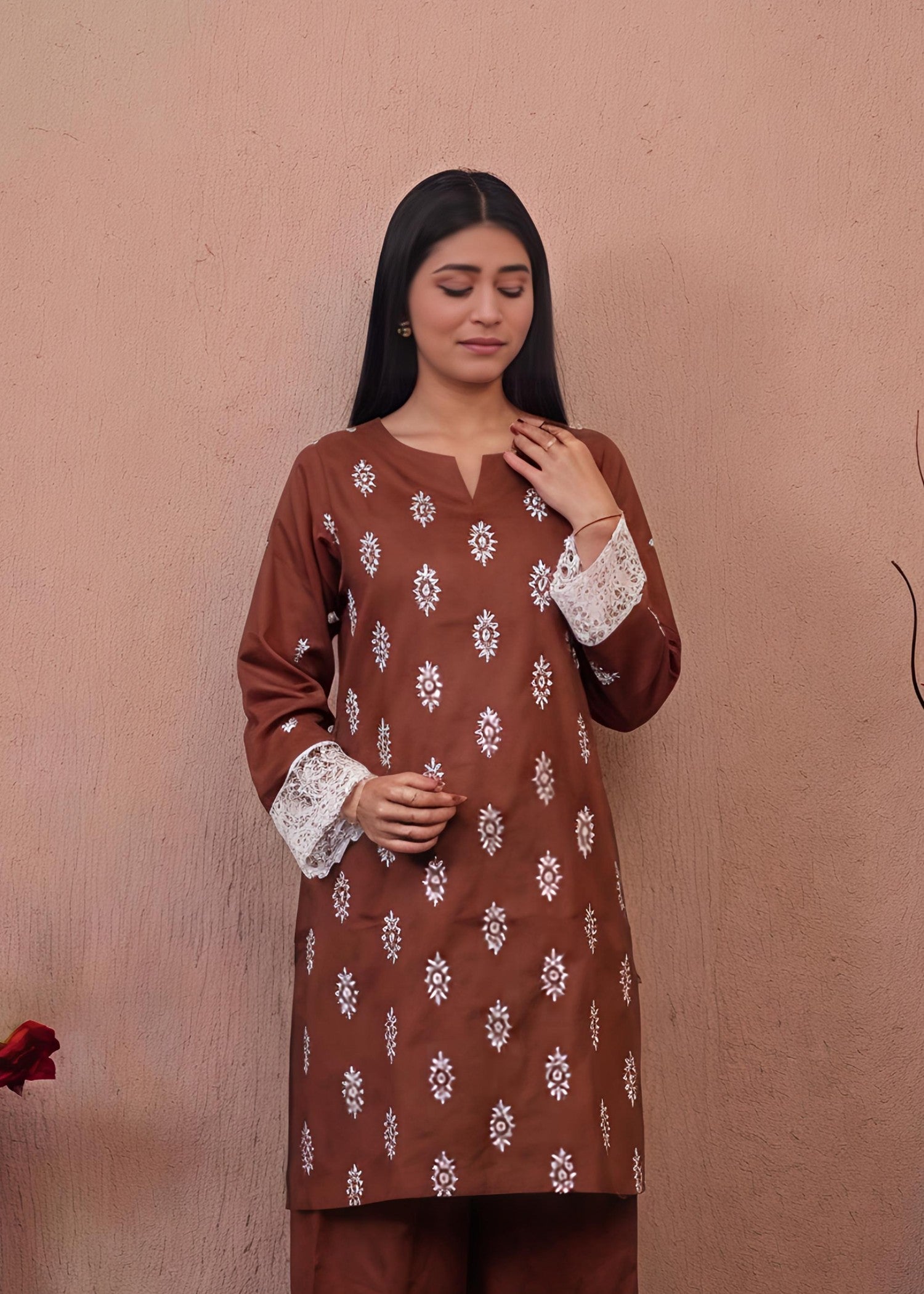 lawn Kurta Set in Lilac, beige, copper
