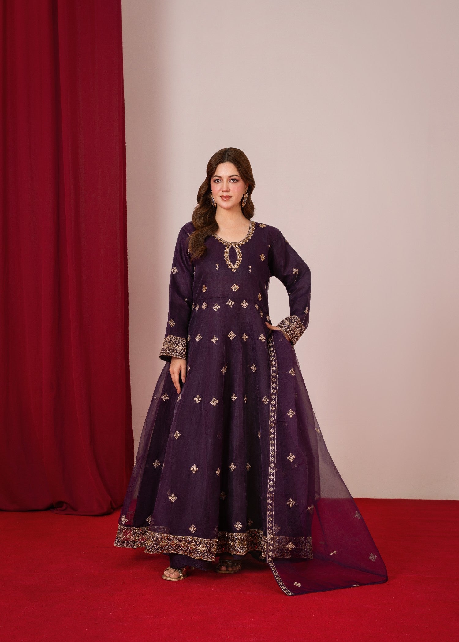 organza Pishwas in Purple