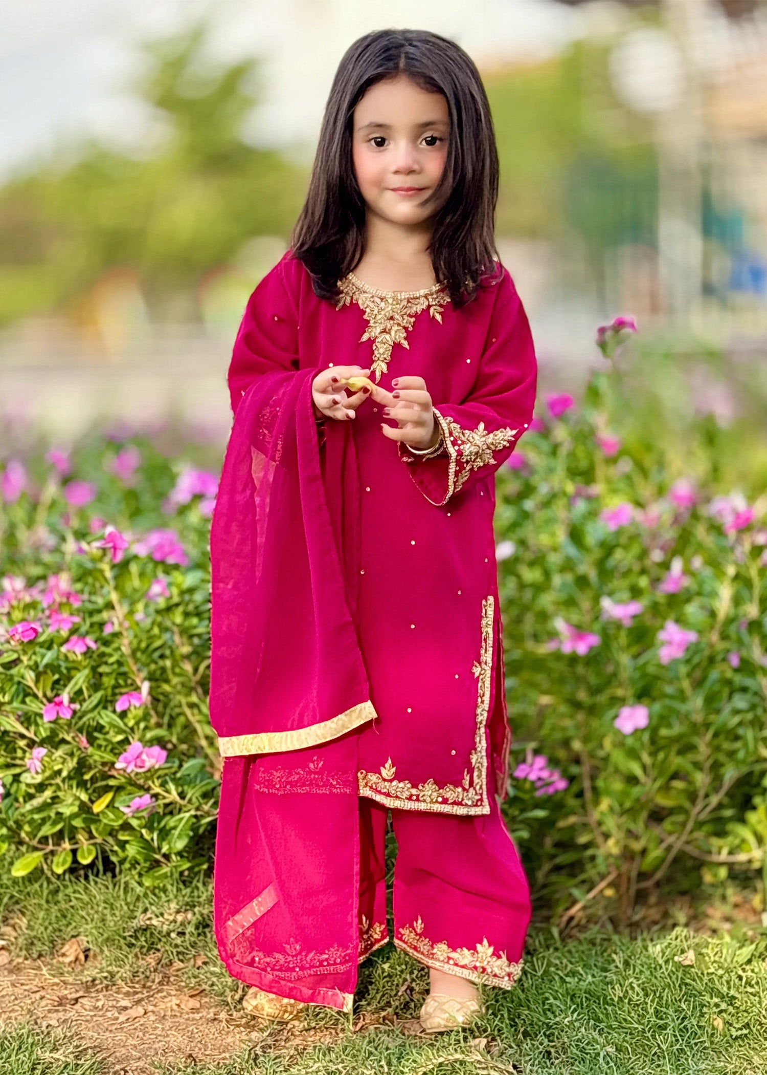 chiffon Kurta Set in Hot pink red