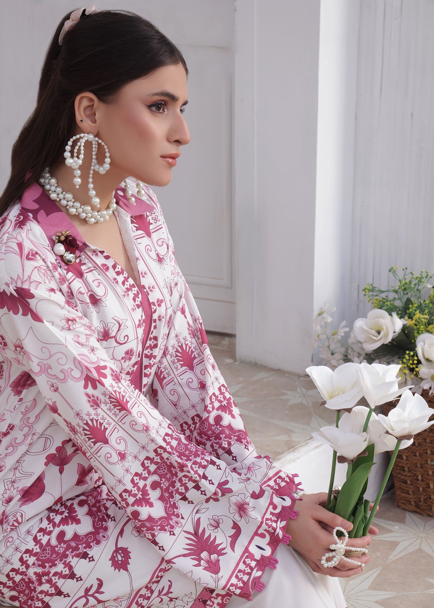 slub lawn Co Ord Sets in White, plum purple
