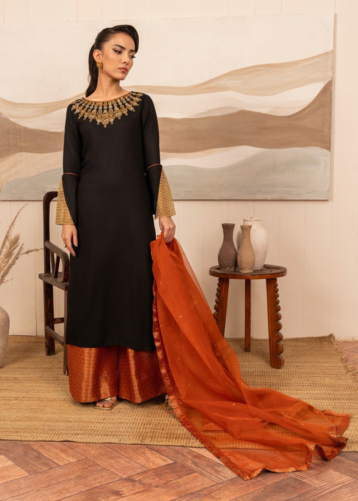 viscose thai silk Kurta Set in Black