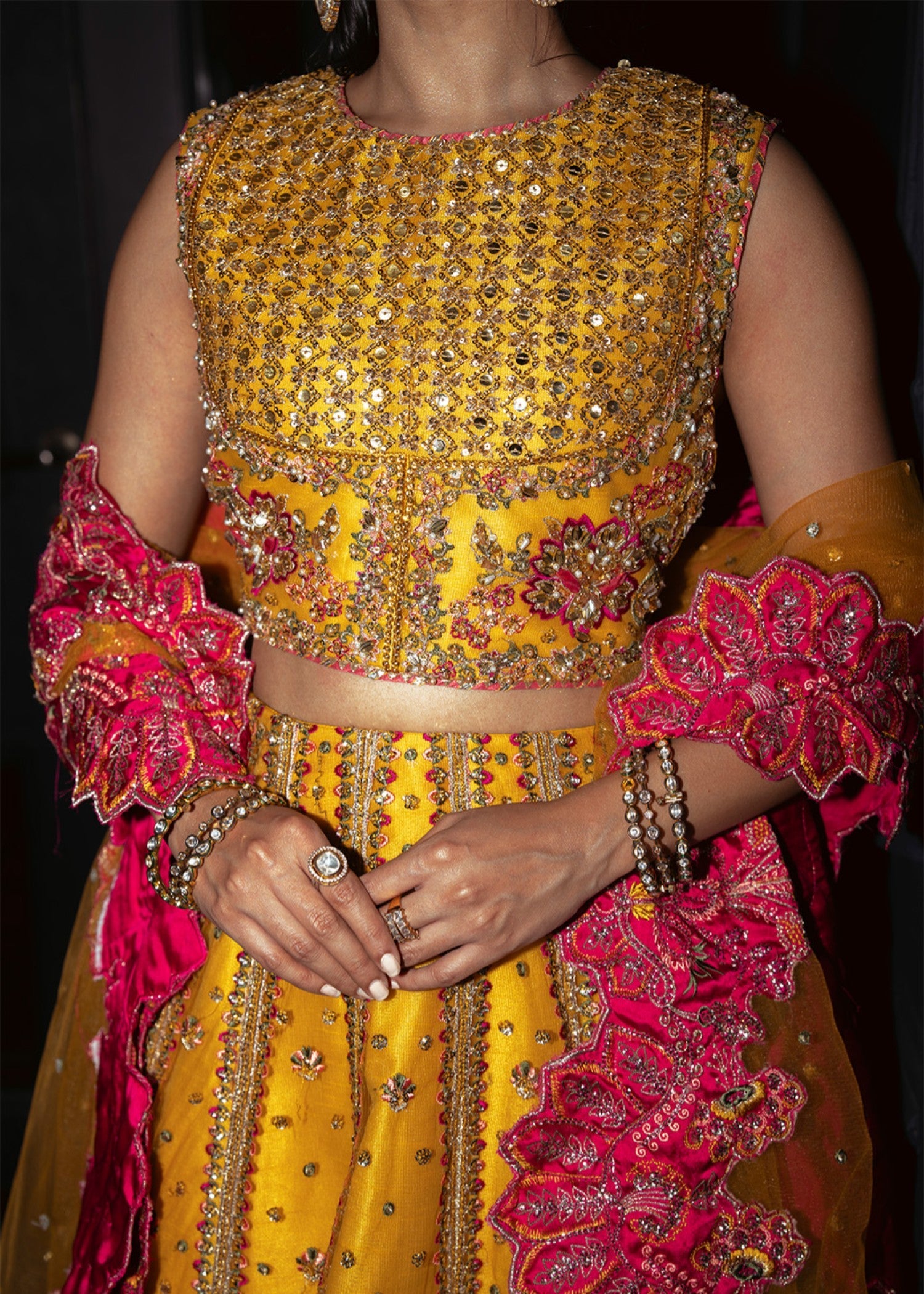 net Lehenga in Mustard