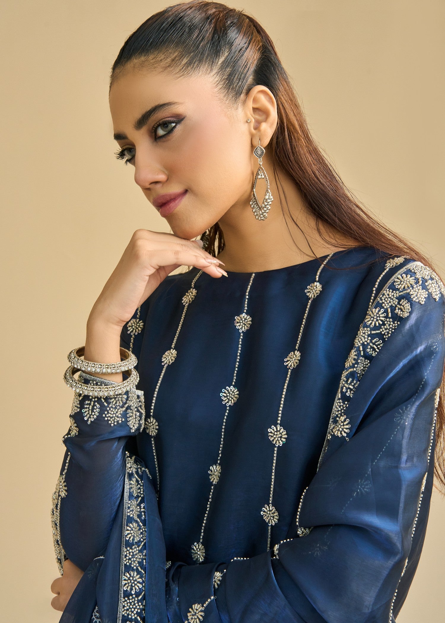 paper silk Kurta Set in Navy blue
