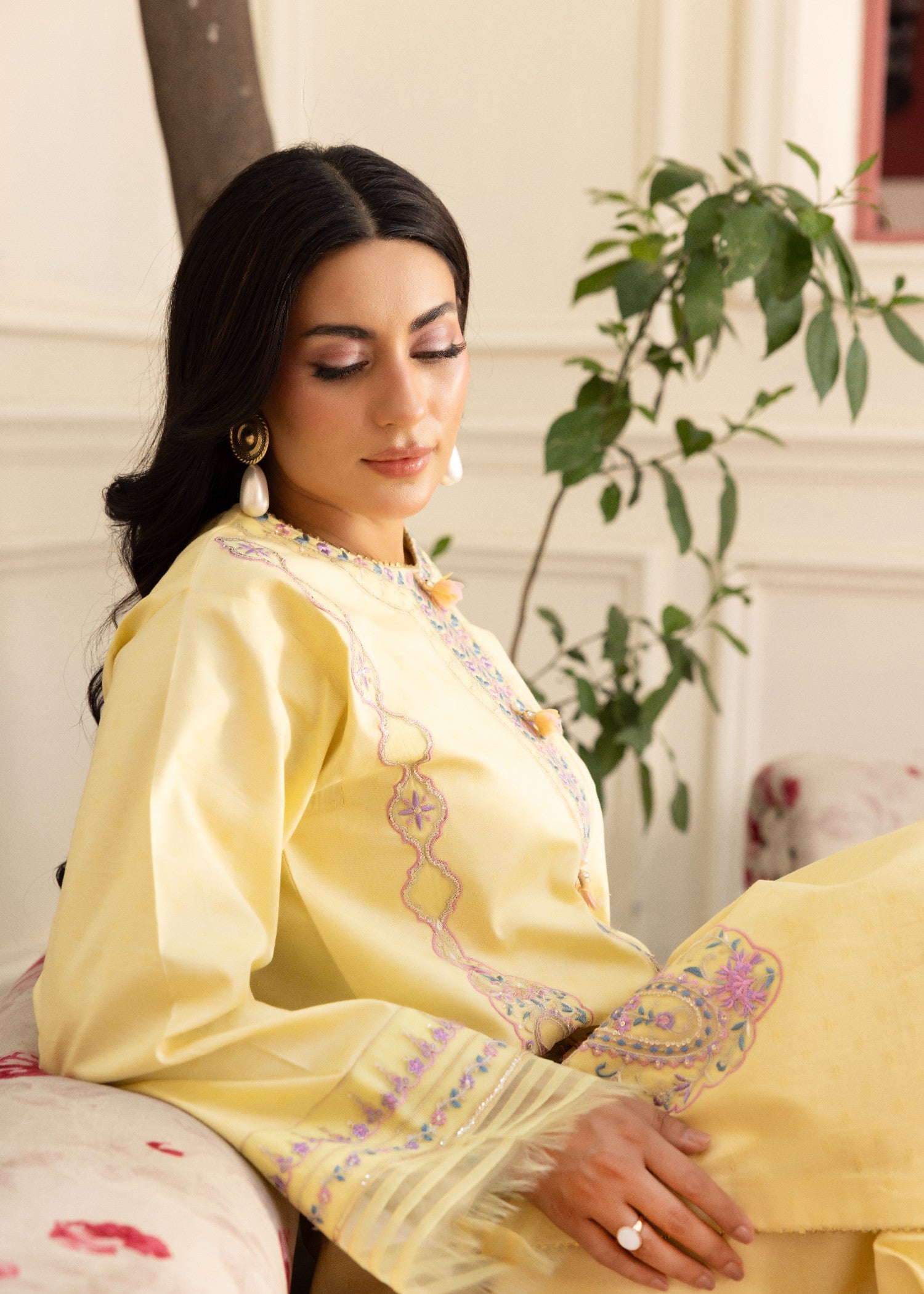 jacquard Kurta Set in Yellow