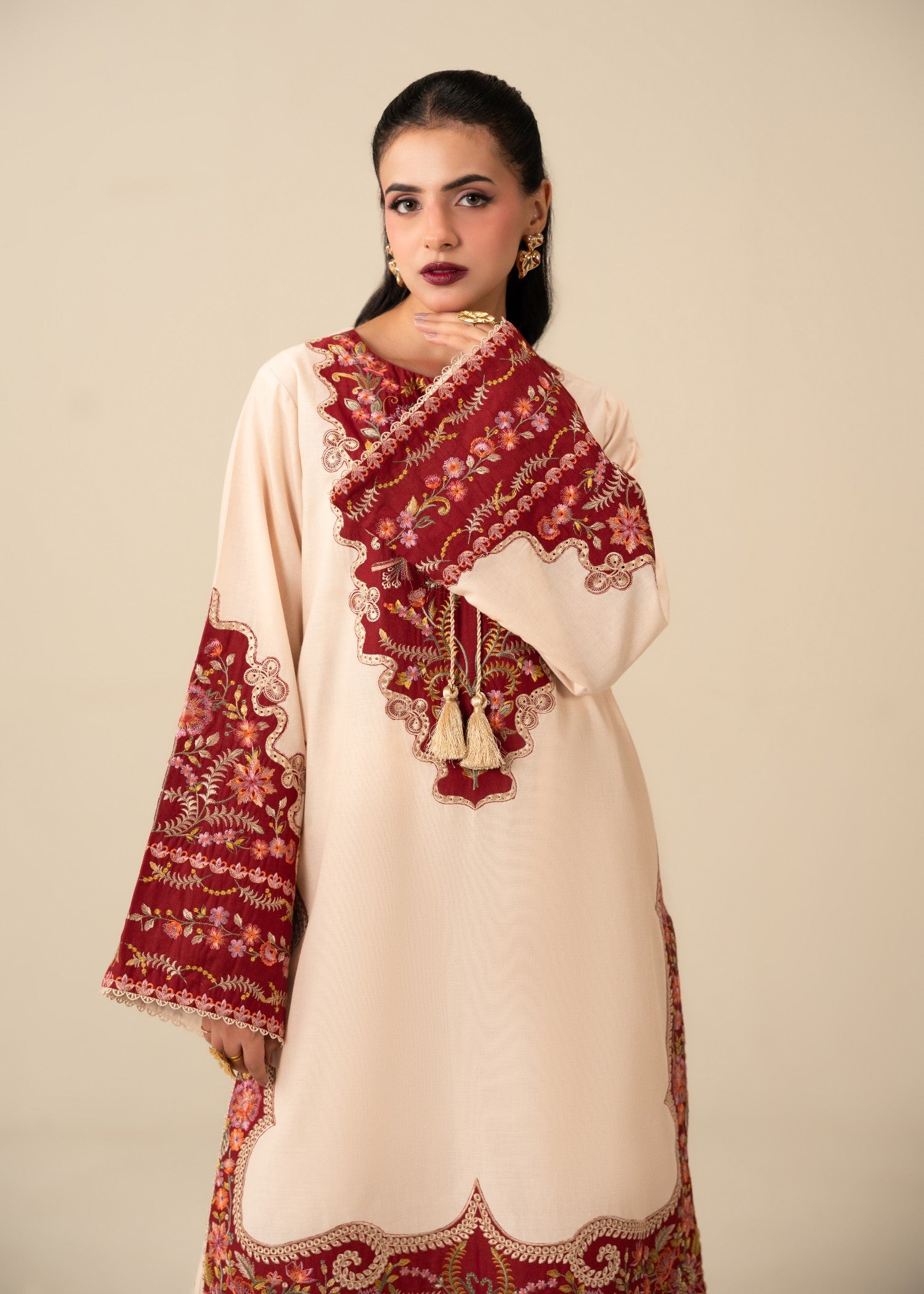 lawn Kurta Set in Maroon, cream
