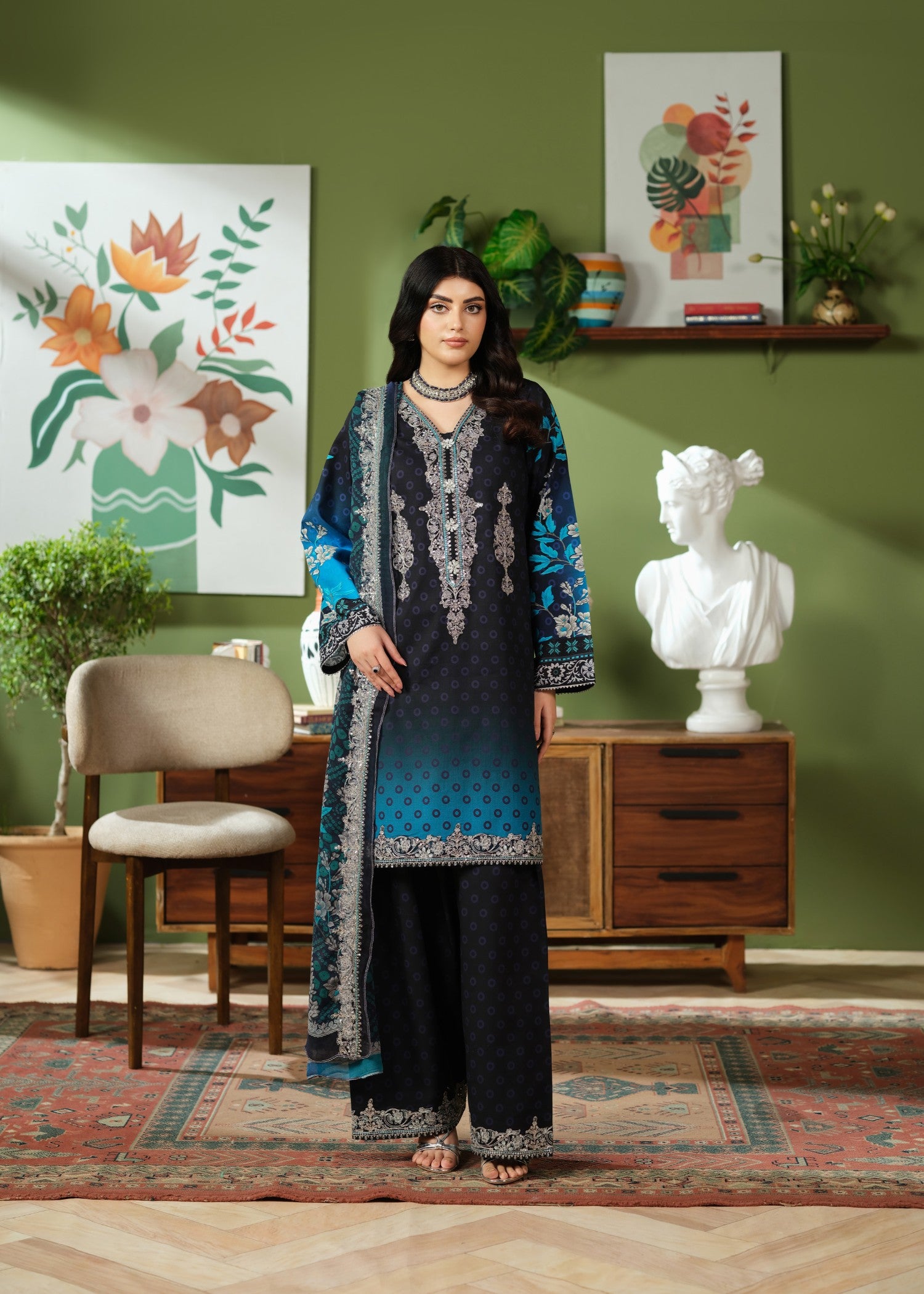 cambric cotton Kurta Set in Blue, black