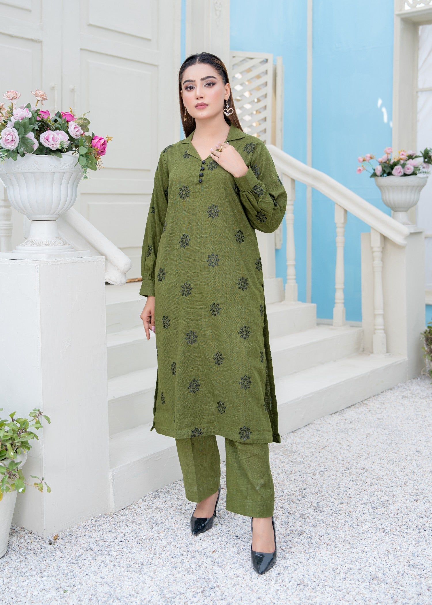khaddar Kurta Set in Forest green