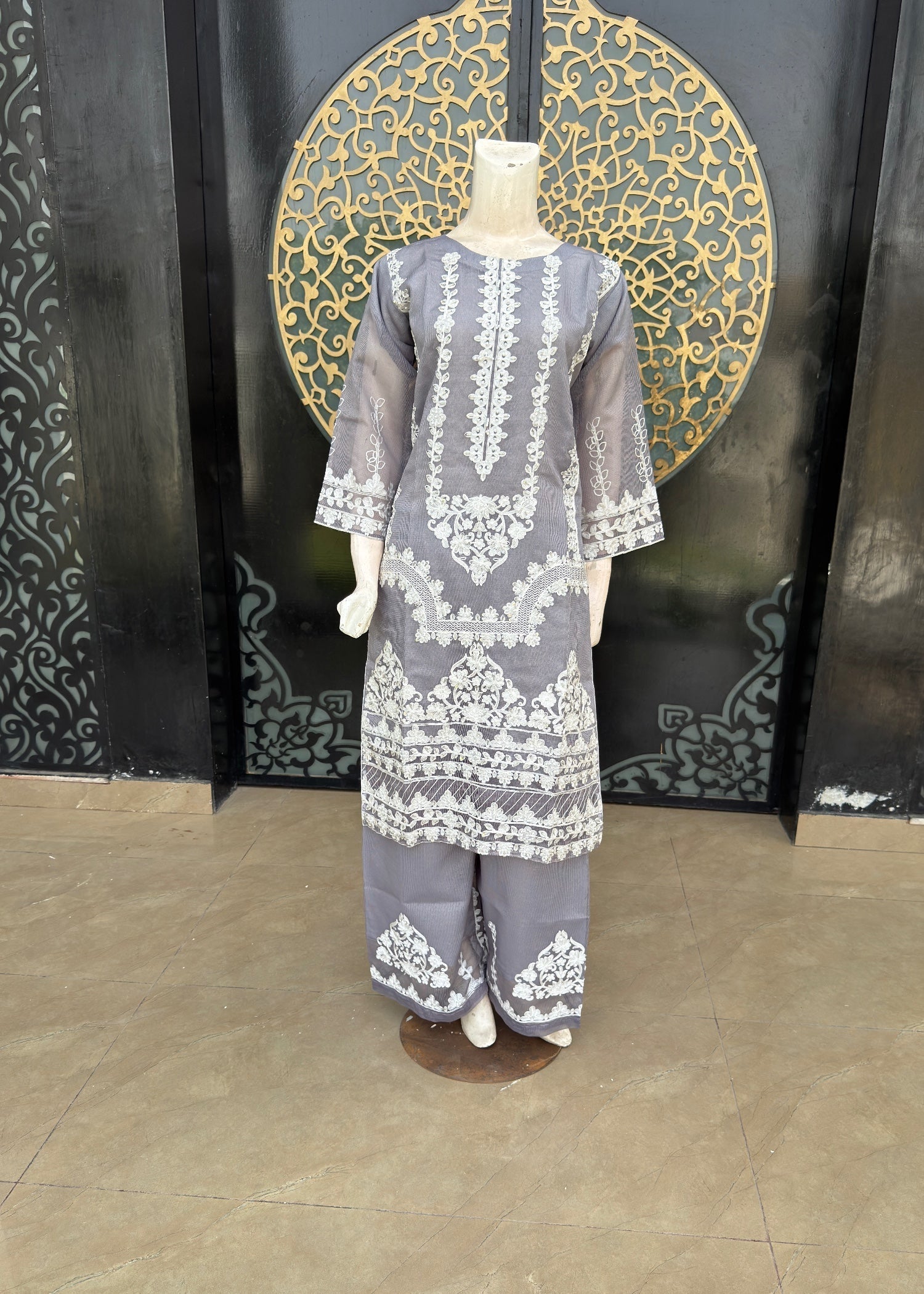 khaddi net Kurta Set in Silver